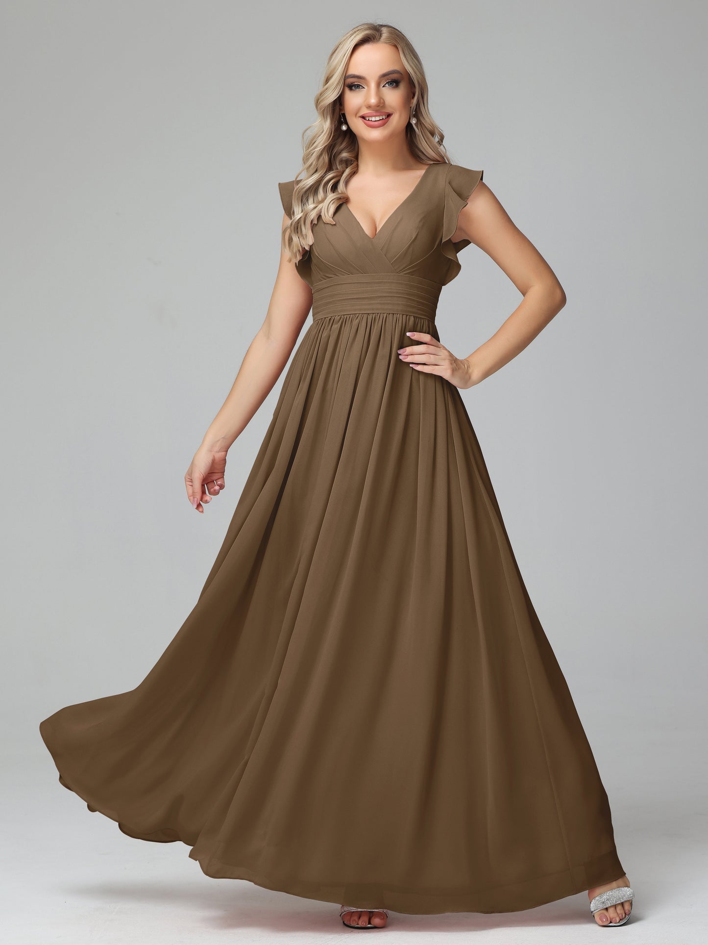 Bonnie V Neck Empire Chiffon Bridesmaid Dresses With Ruffle Sleeves