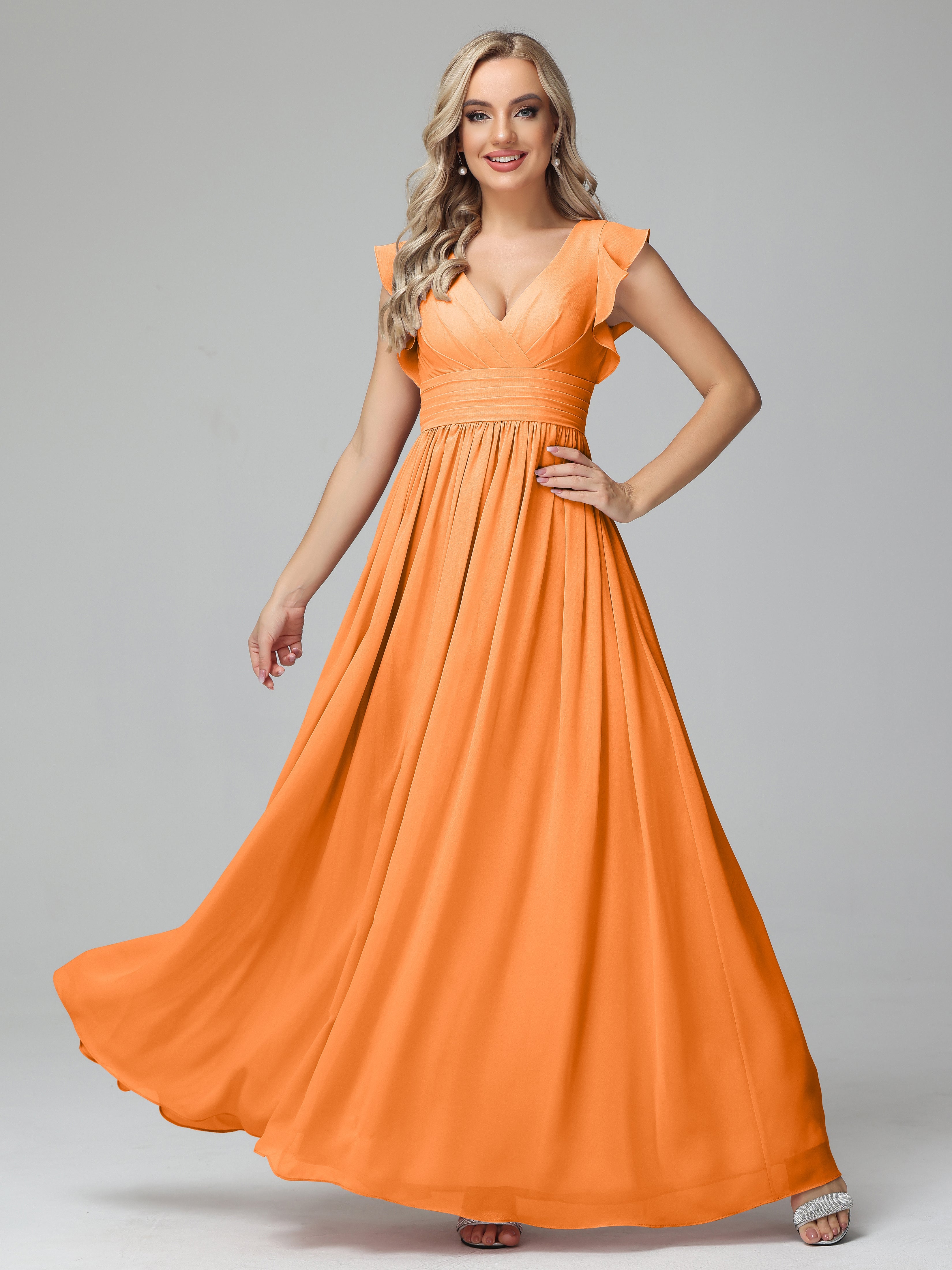 Bonnie V Neck Empire Chiffon Bridesmaid Dresses With Ruffle Sleeves