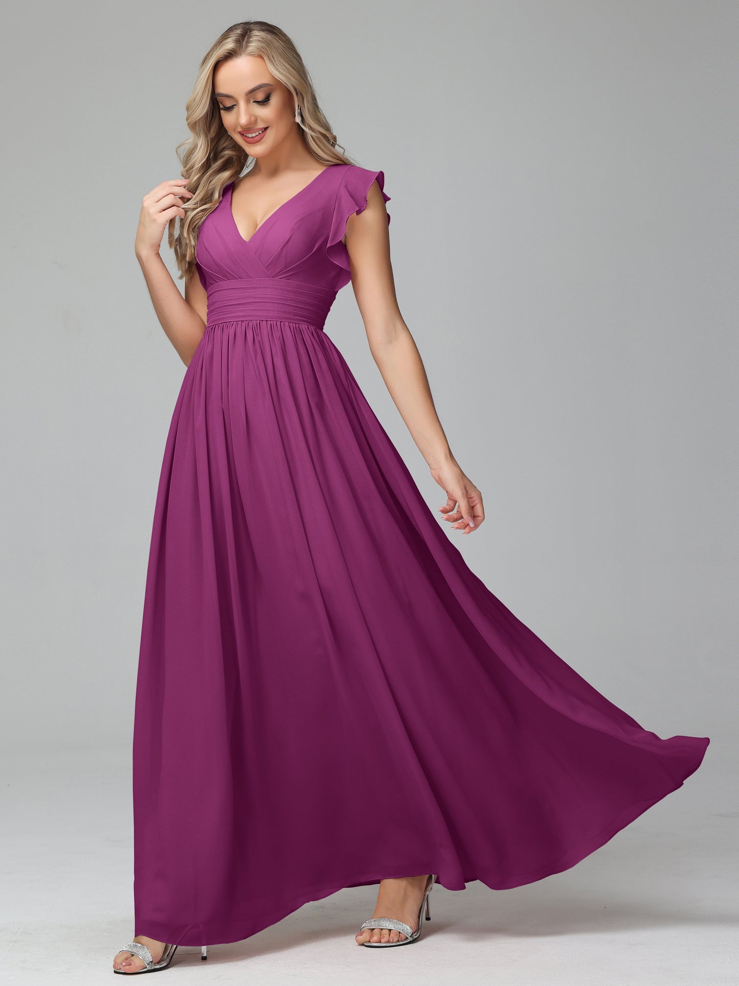 Bonnie V Neck Empire Chiffon Bridesmaid Dresses With Ruffle Sleeves