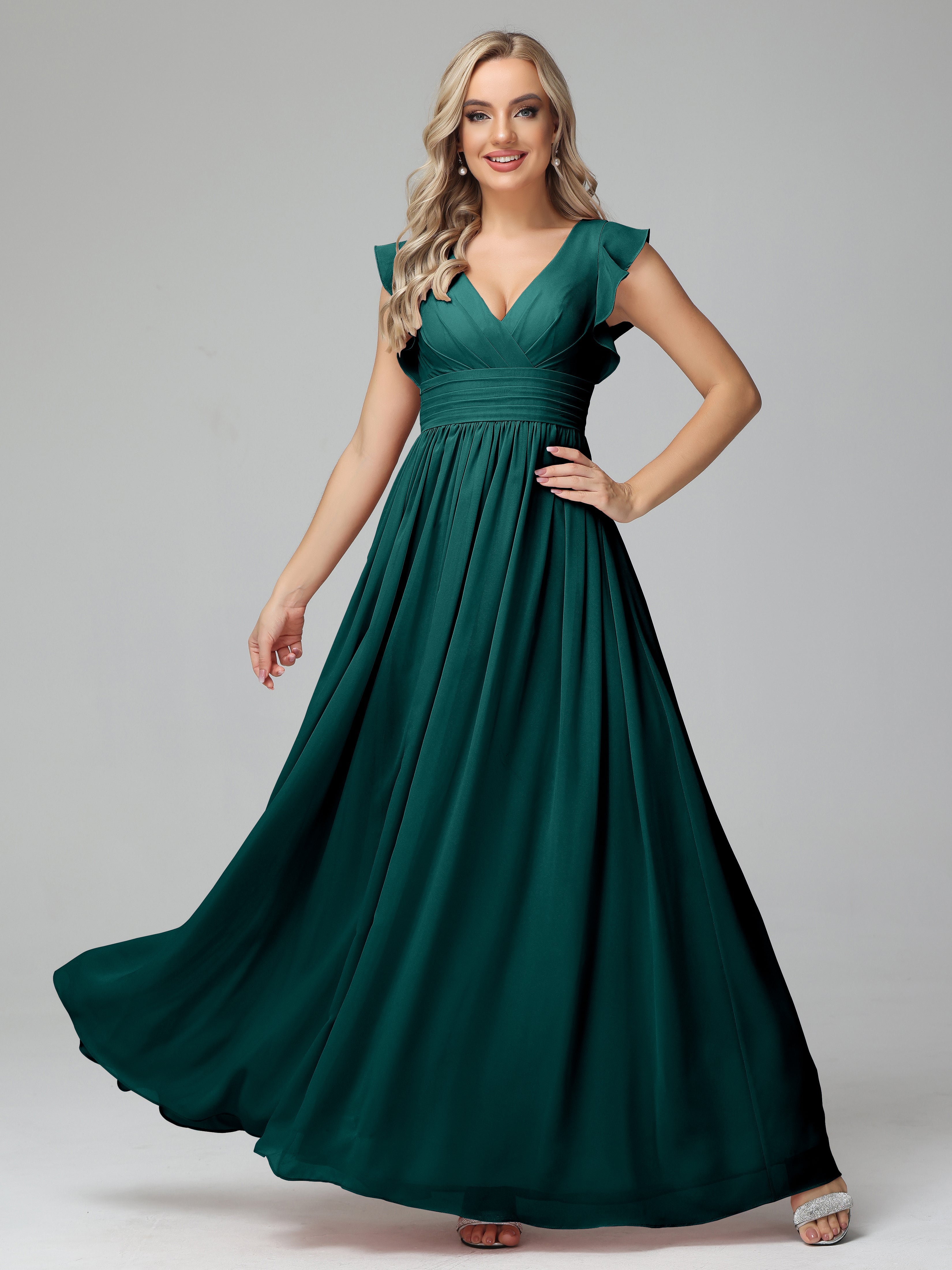 Bonnie V Neck Empire Chiffon Bridesmaid Dresses With Ruffle Sleeves