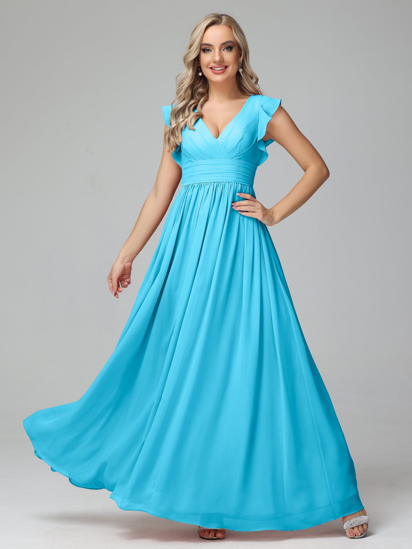 Bonnie V Neck Empire Chiffon Bridesmaid Dresses With Ruffle Sleeves
