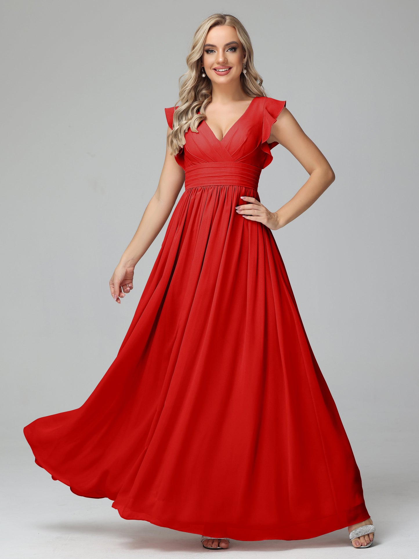 Bonnie V Neck Empire Chiffon Bridesmaid Dresses With Ruffle Sleeves