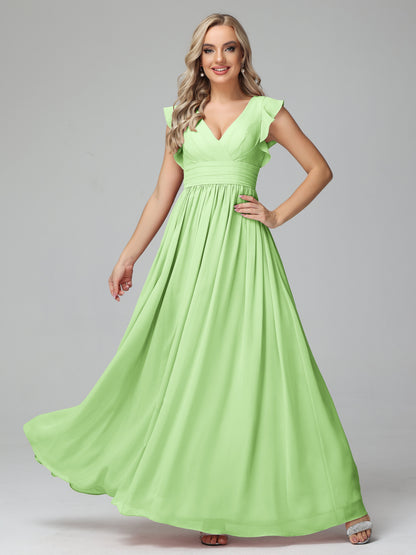 Bonnie V Neck Empire Chiffon Bridesmaid Dresses With Ruffle Sleeves