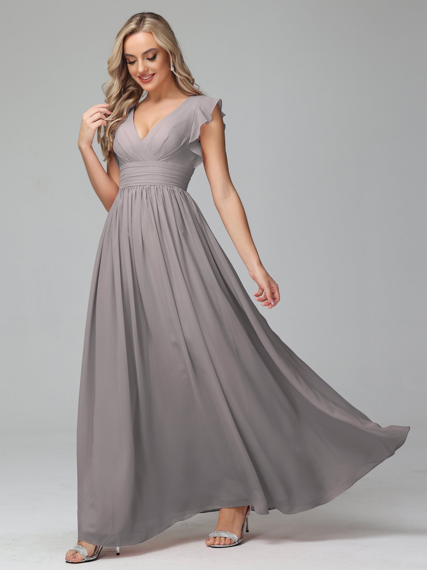 Bonnie V Neck Empire Chiffon Bridesmaid Dresses With Ruffle Sleeves