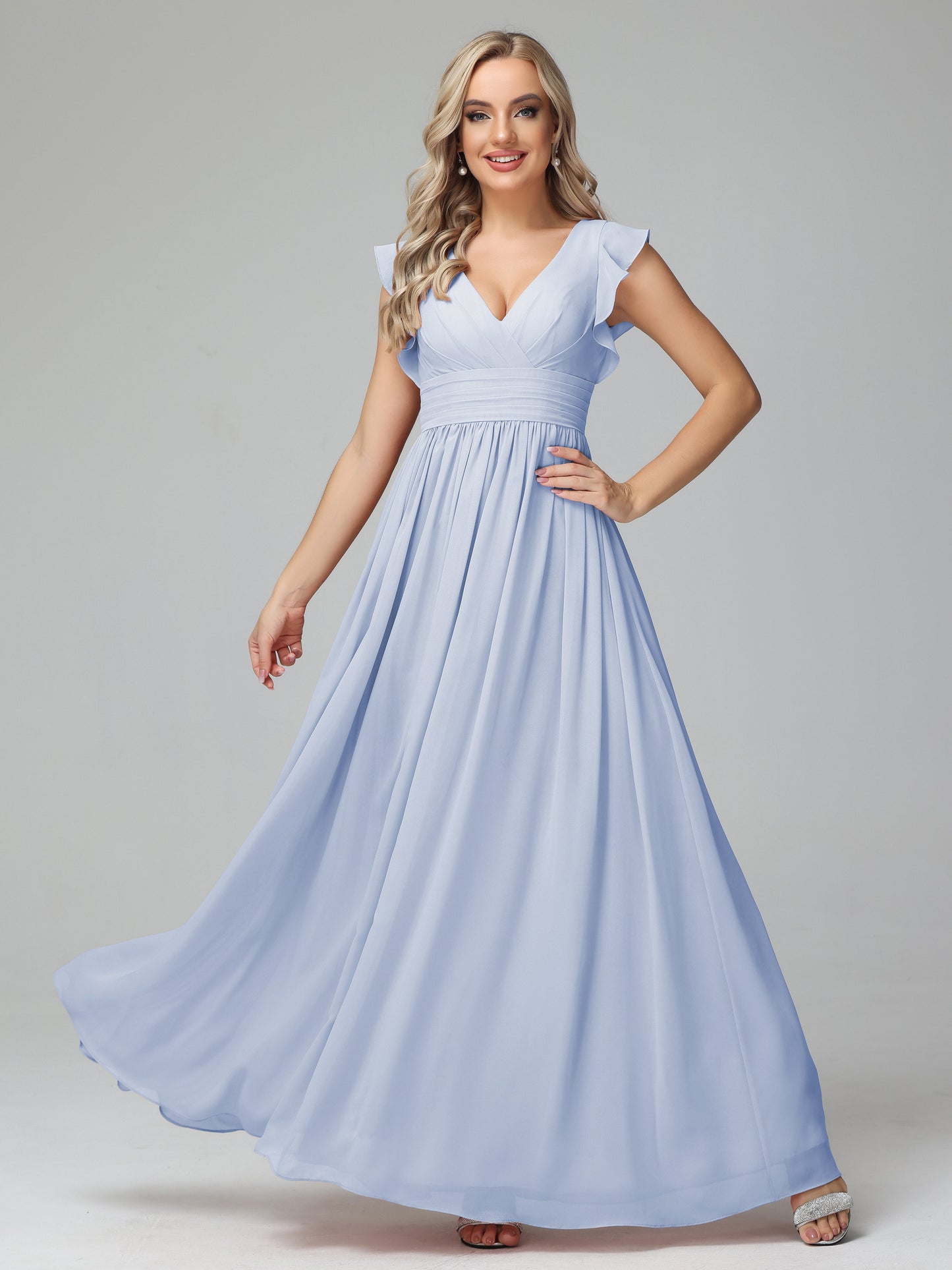 Bonnie V Neck Empire Chiffon Bridesmaid Dresses With Ruffle Sleeves
