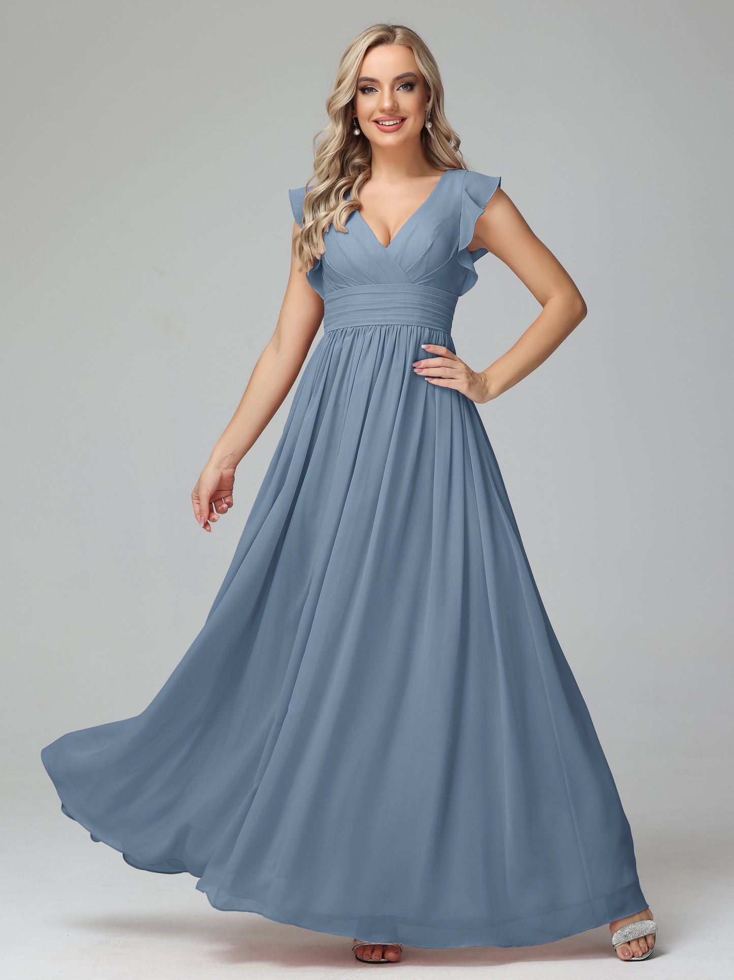 Bonnie V Neck Empire Chiffon Bridesmaid Dresses With Ruffle Sleeves