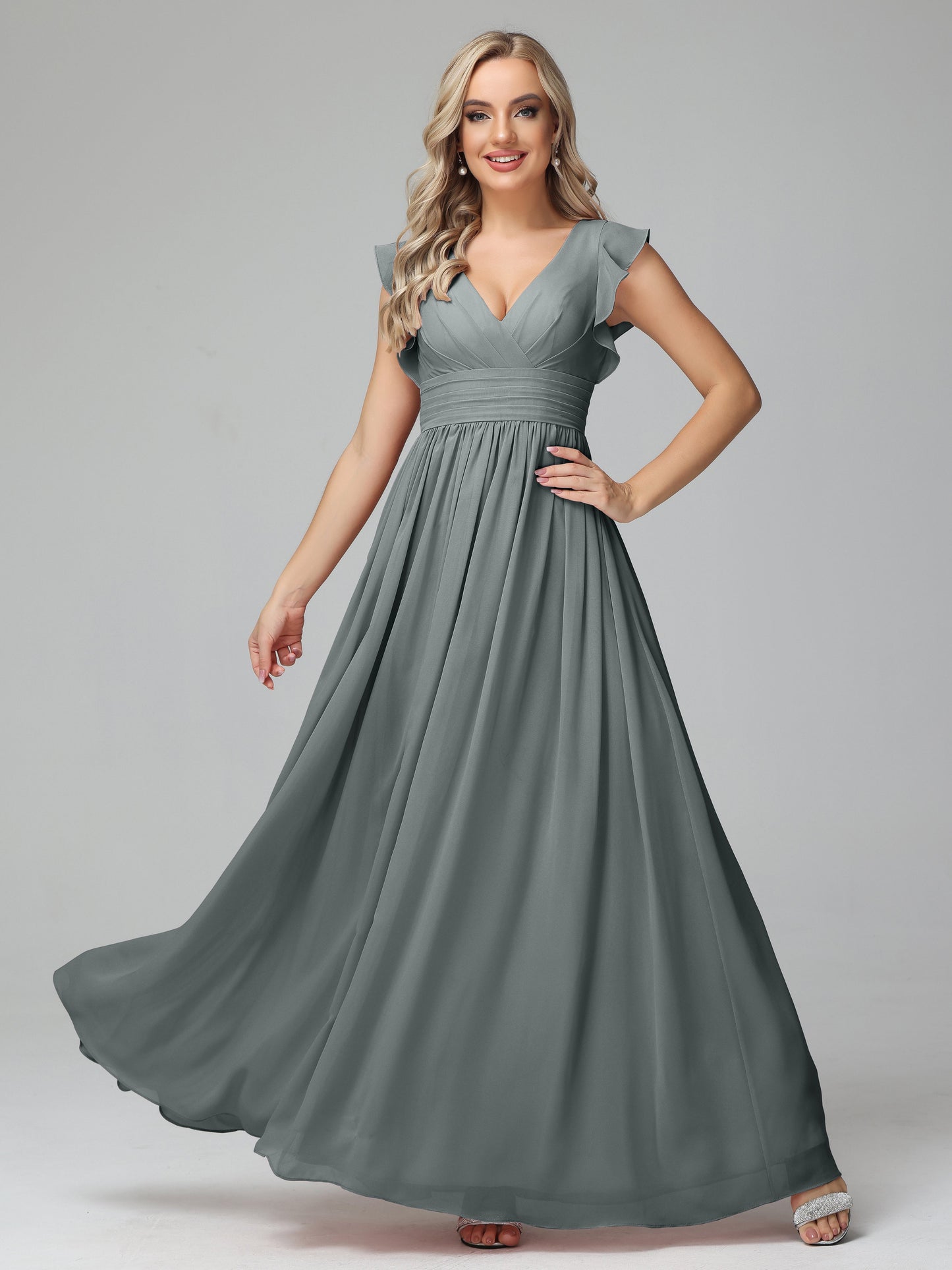 Bonnie V Neck Empire Chiffon Bridesmaid Dresses With Ruffle Sleeves