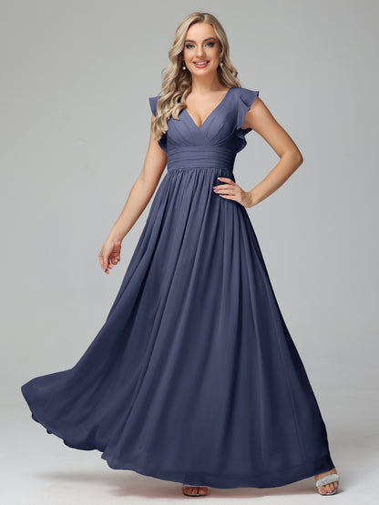 Bonnie V Neck Empire Chiffon Bridesmaid Dresses With Ruffle Sleeves