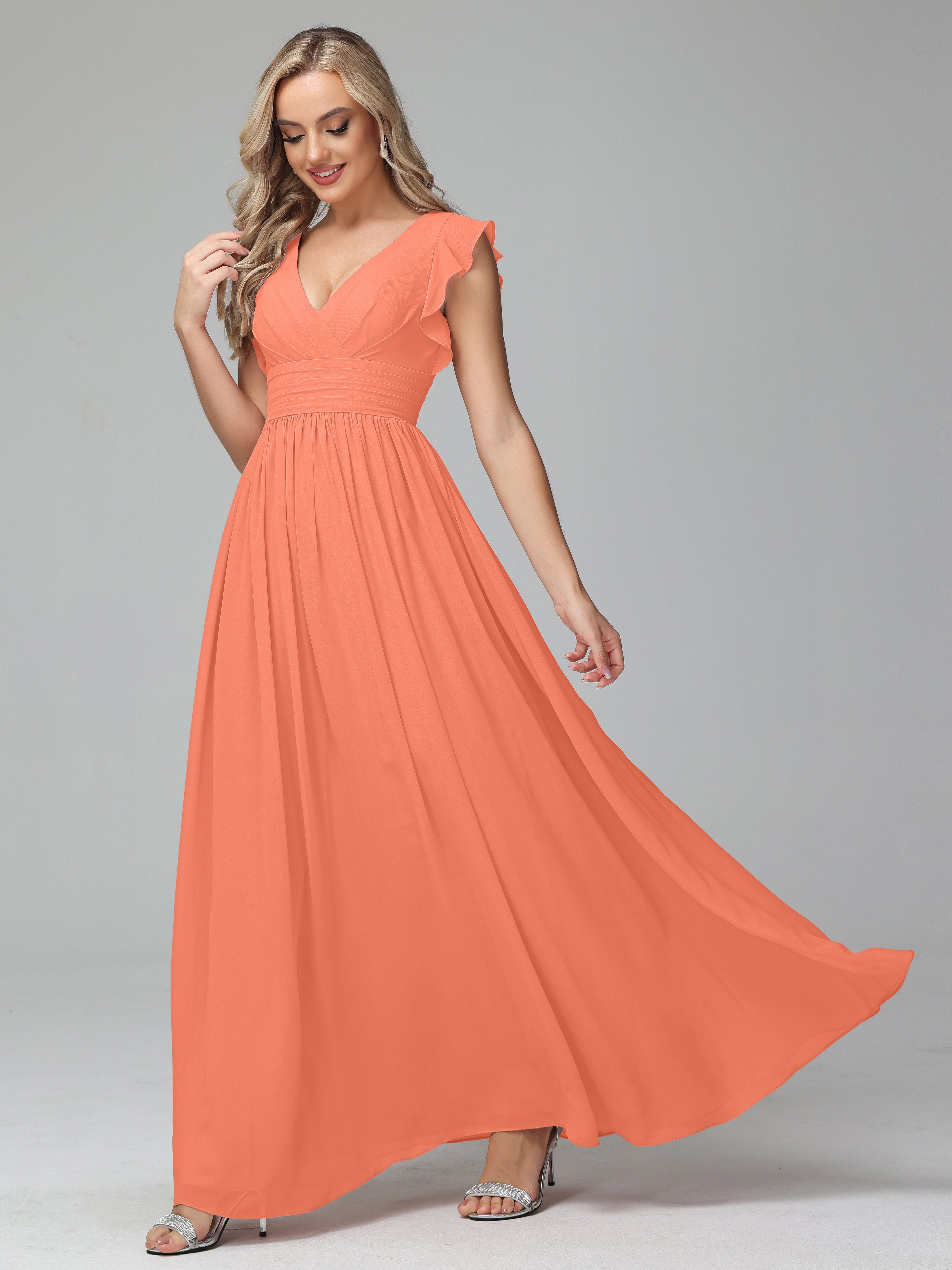 Bonnie V Neck Empire Chiffon Bridesmaid Dresses With Ruffle Sleeves