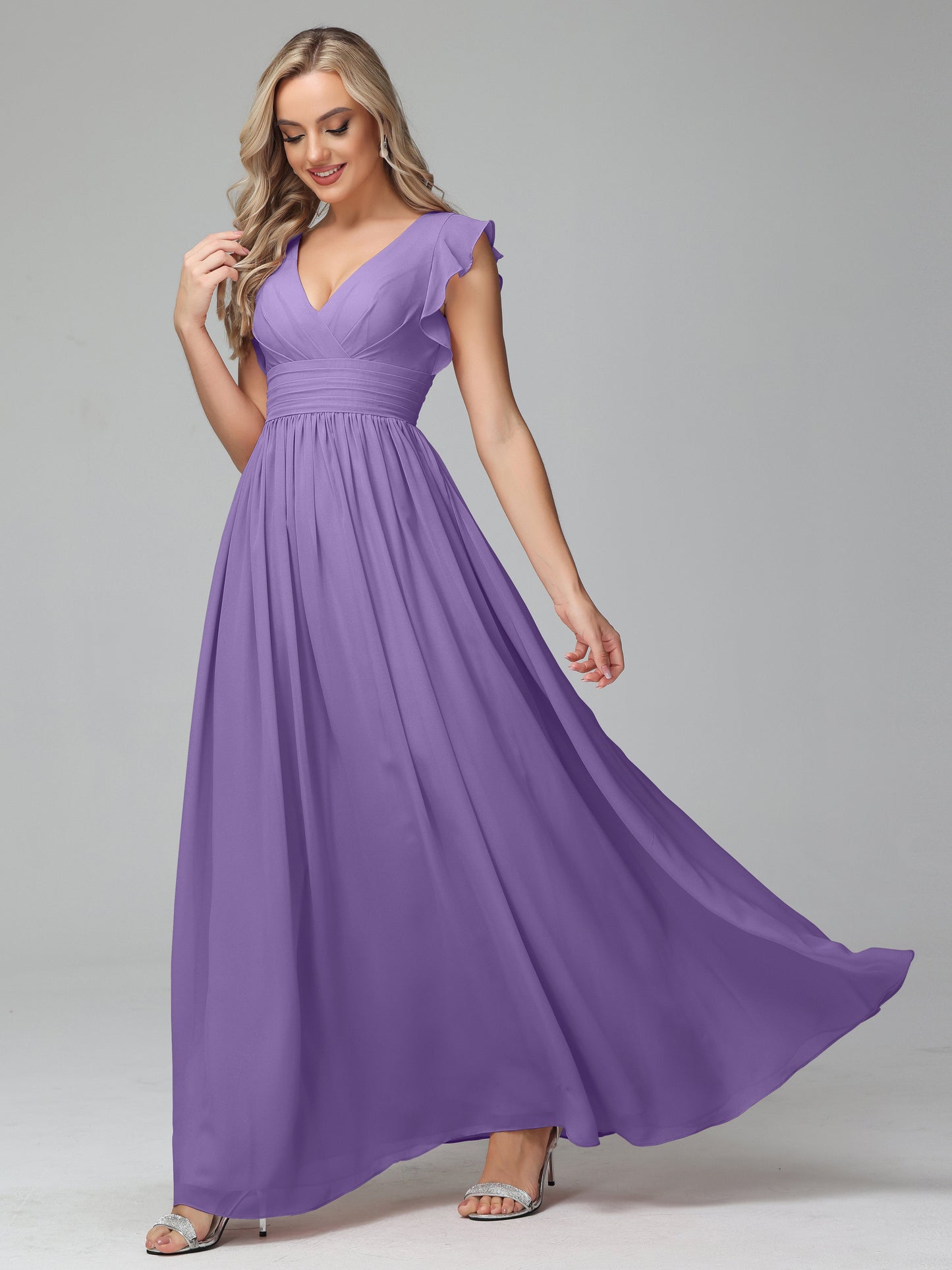 Bonnie V Neck Empire Chiffon Bridesmaid Dresses With Ruffle Sleeves
