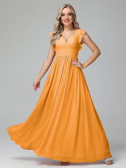 Bonnie V Neck Empire Chiffon Bridesmaid Dresses With Ruffle Sleeves