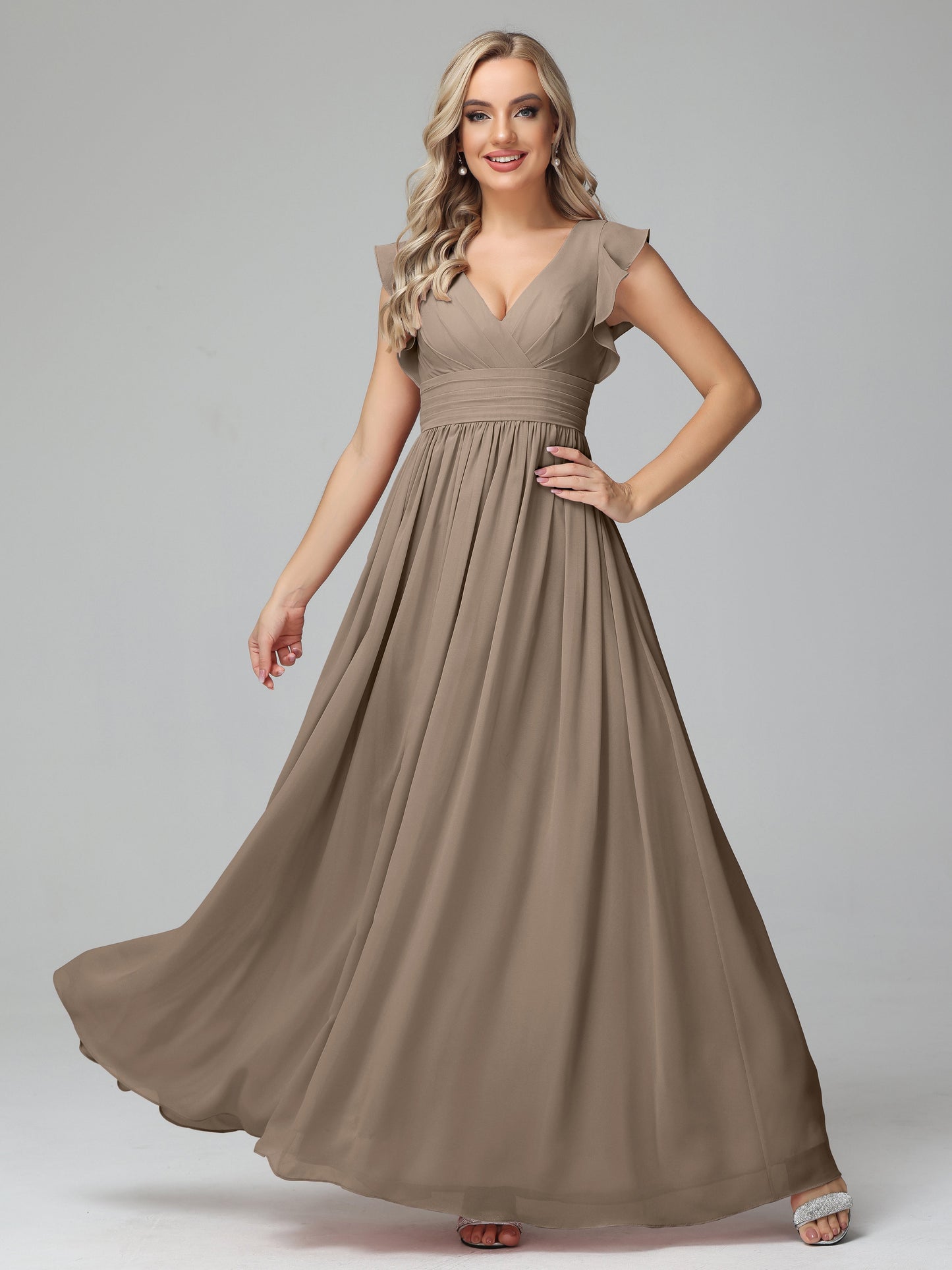Bonnie V Neck Empire Chiffon Bridesmaid Dresses With Ruffle Sleeves