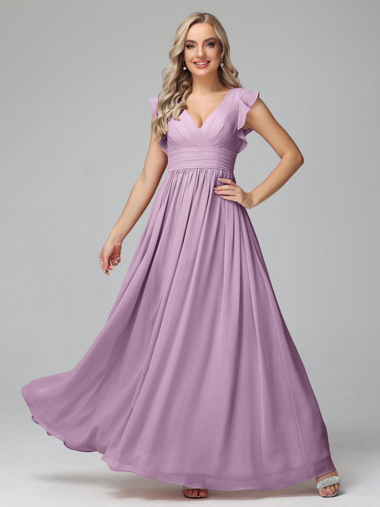 Bonnie V Neck Empire Chiffon Bridesmaid Dresses With Ruffle Sleeves