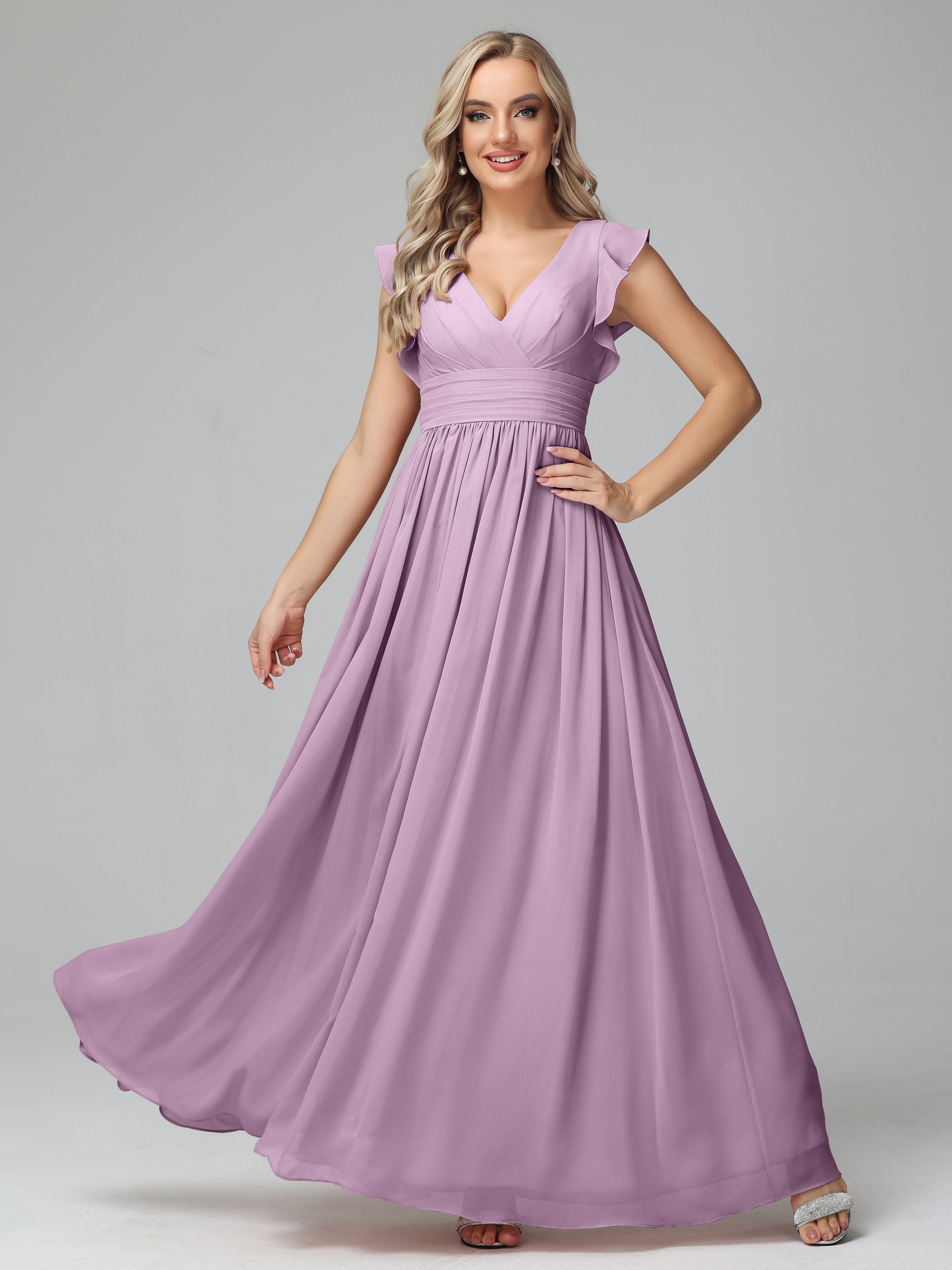 Bonnie V Neck Empire Chiffon Bridesmaid Dresses With Ruffle Sleeves