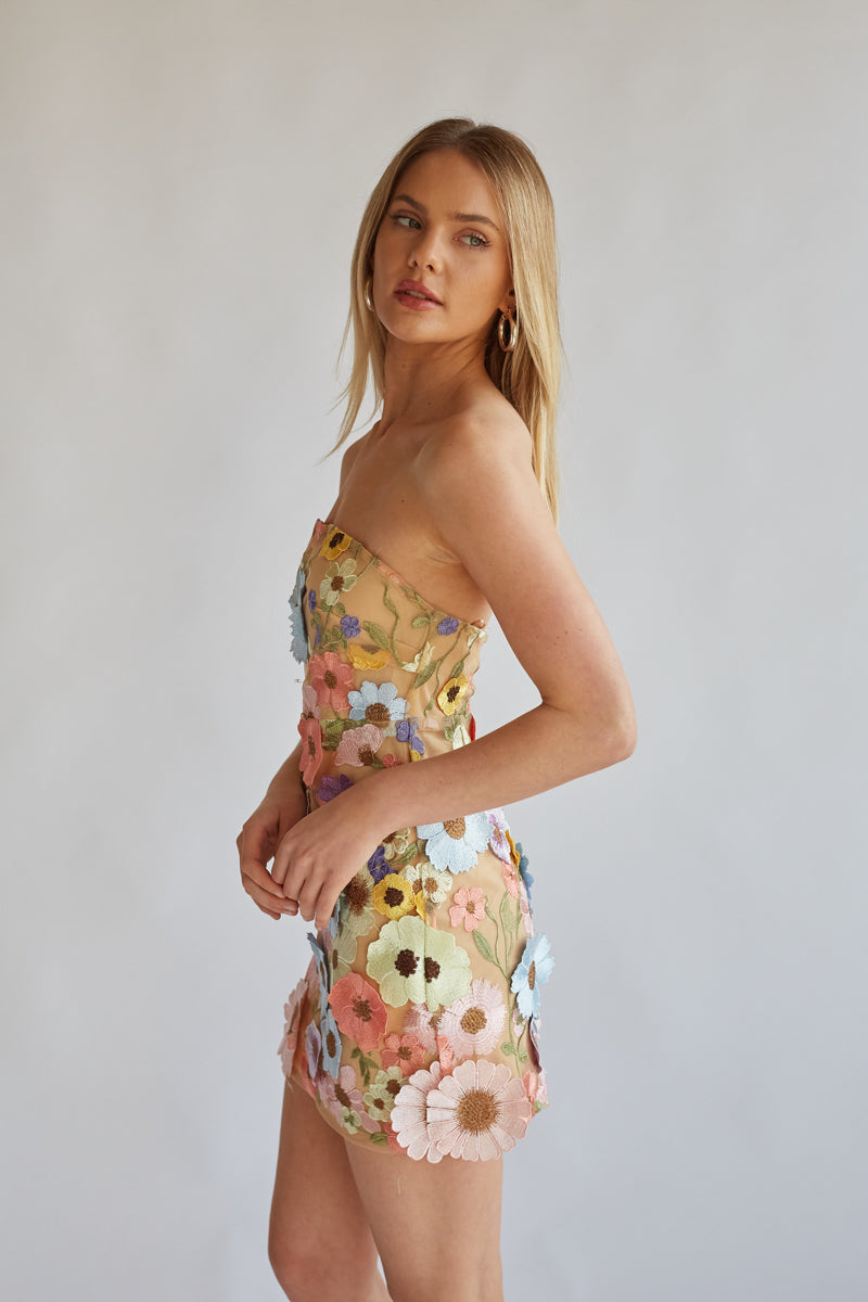 Candice Strapless Floral Lace Mini Dress
