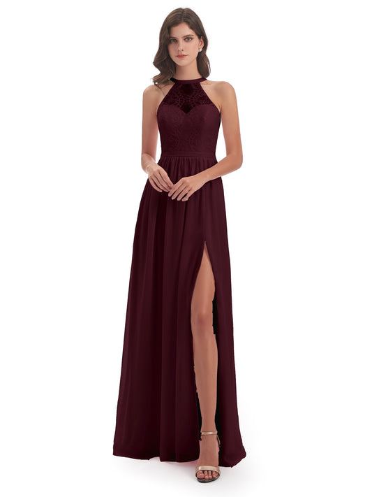 Ailani Halter Split Lace Long Bridesmaid Dresses