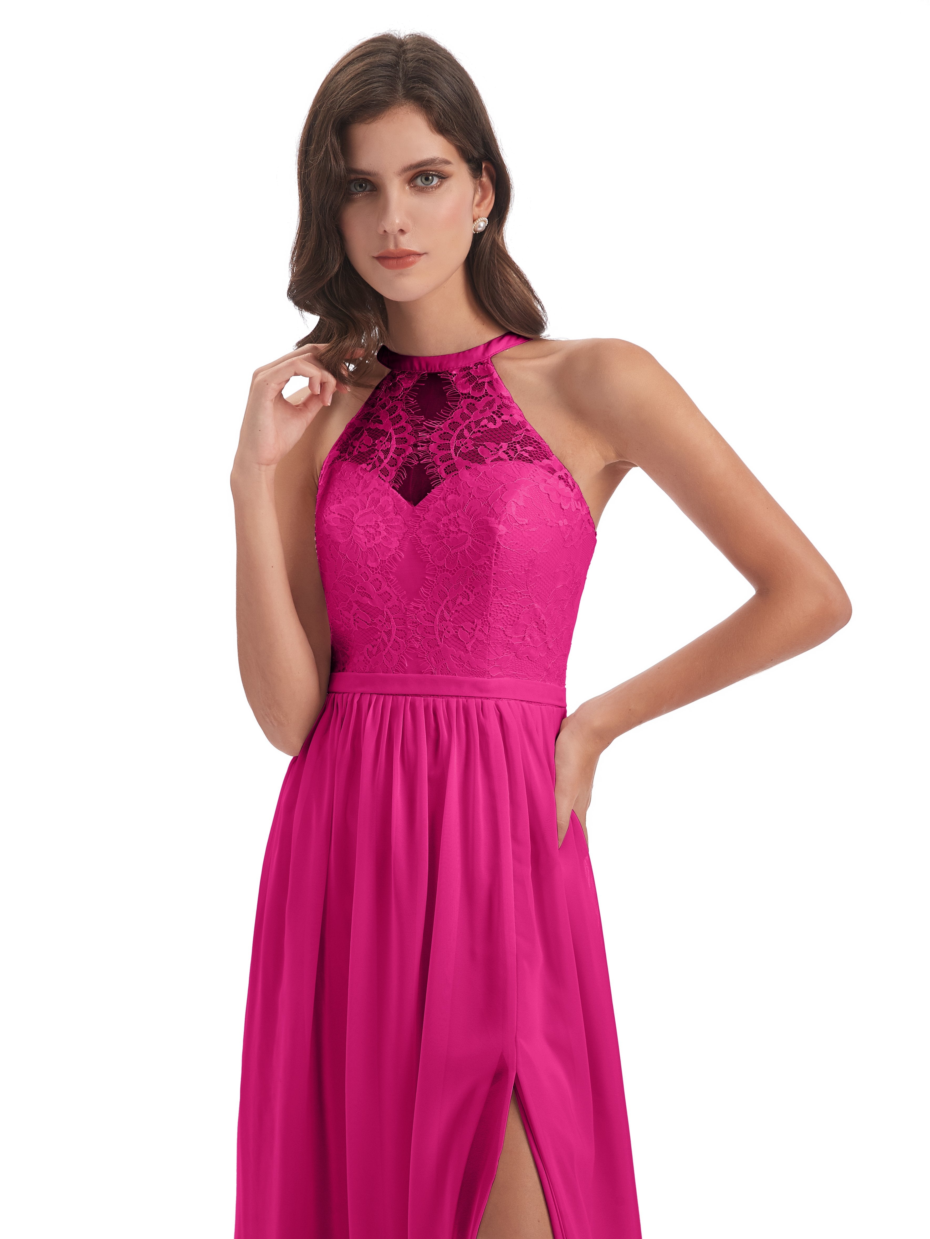 Ailani Halter Split Lace Long Bridesmaid Dresses