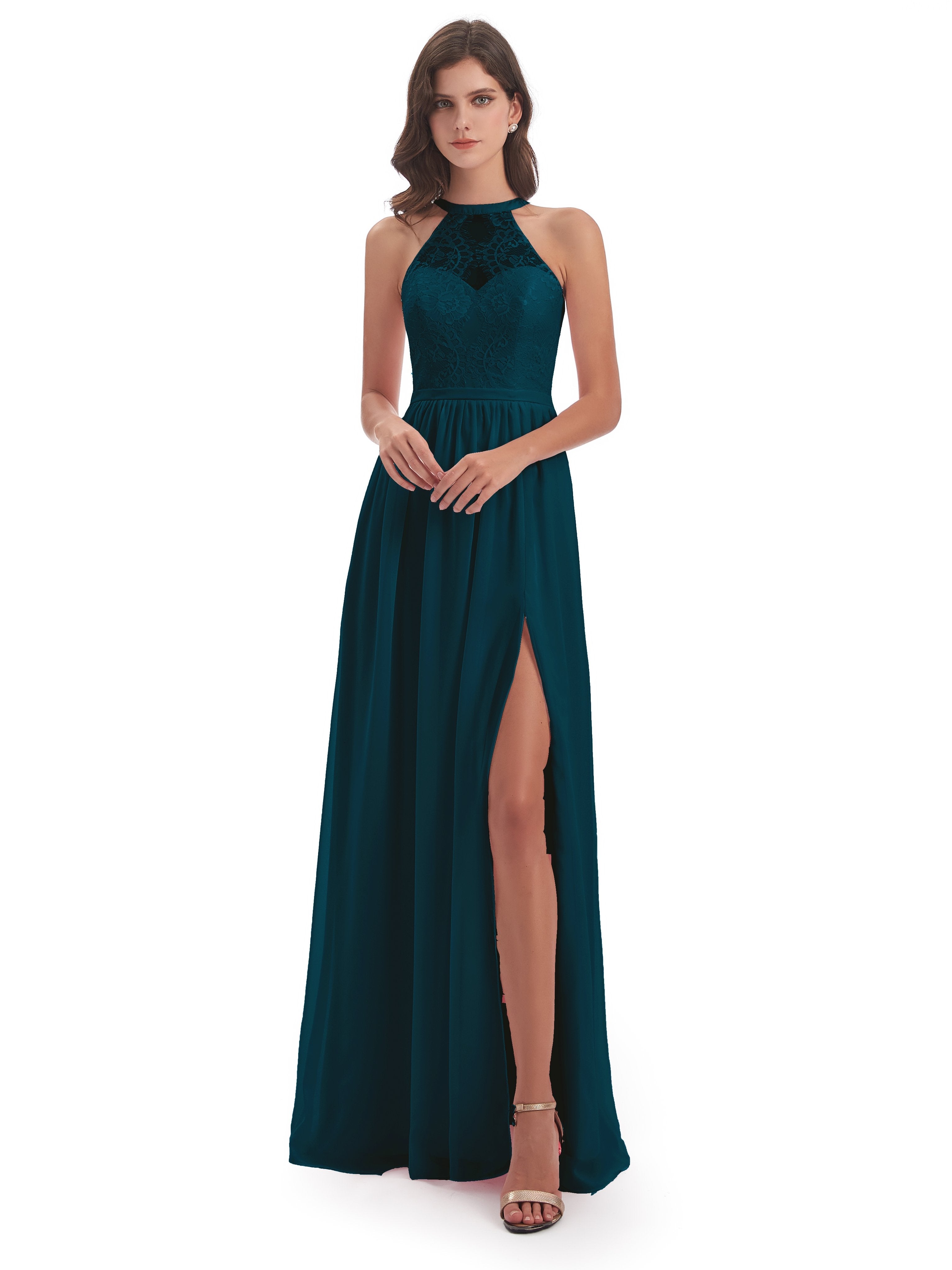 Ailani Halter Split Lace Long Bridesmaid Dresses