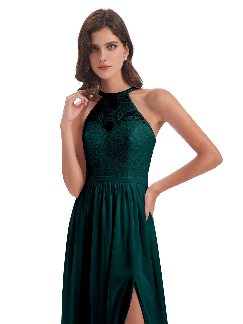Ailani Halter Split Lace Long Bridesmaid Dresses