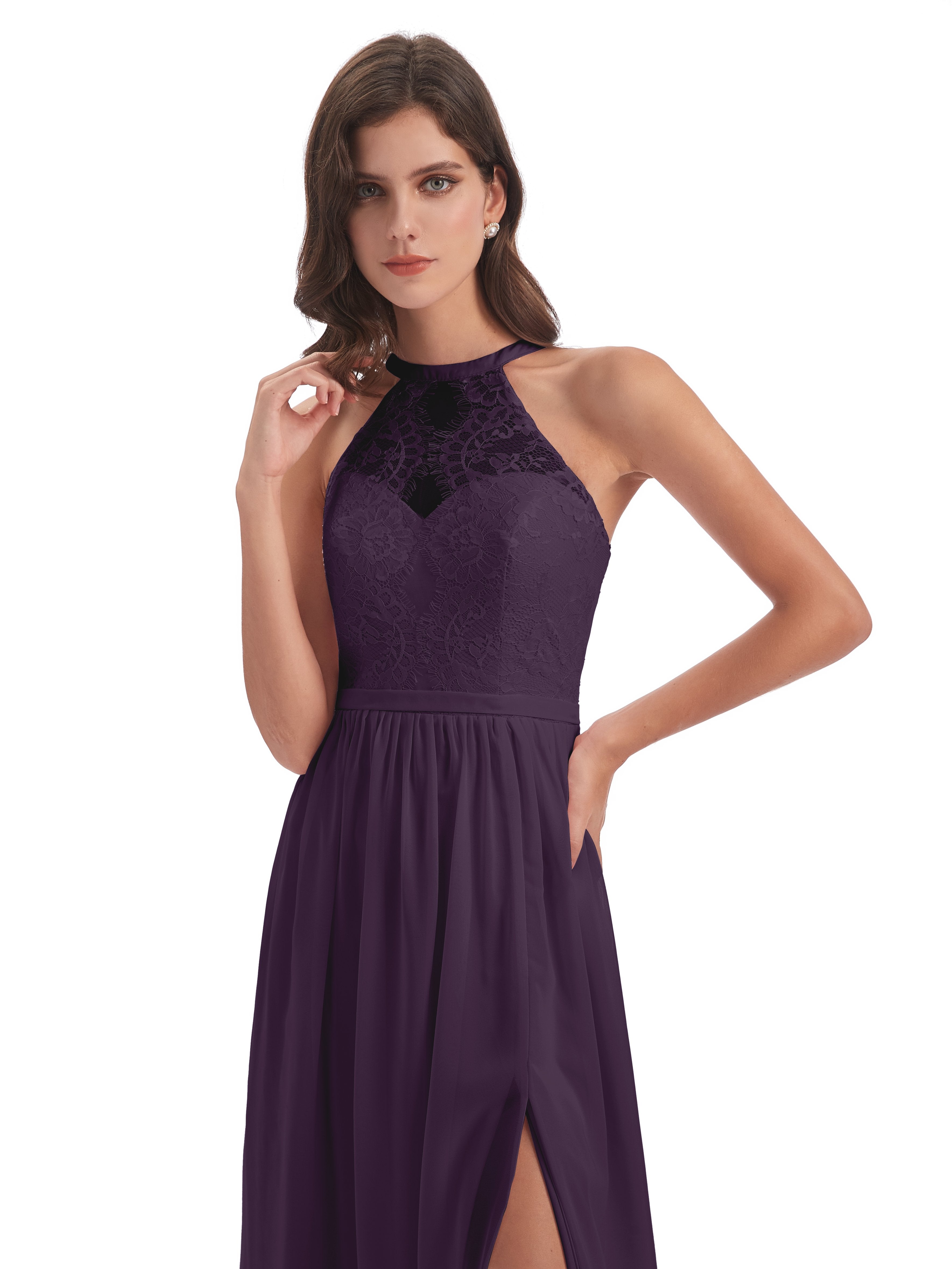 Ailani Halter Split Lace Long Bridesmaid Dresses