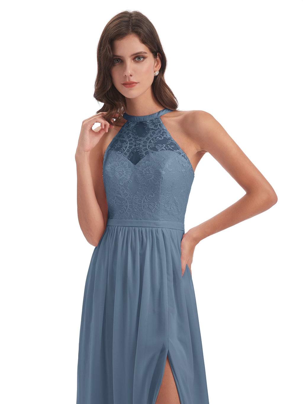 Ailani Halter Split Lace Long Bridesmaid Dresses