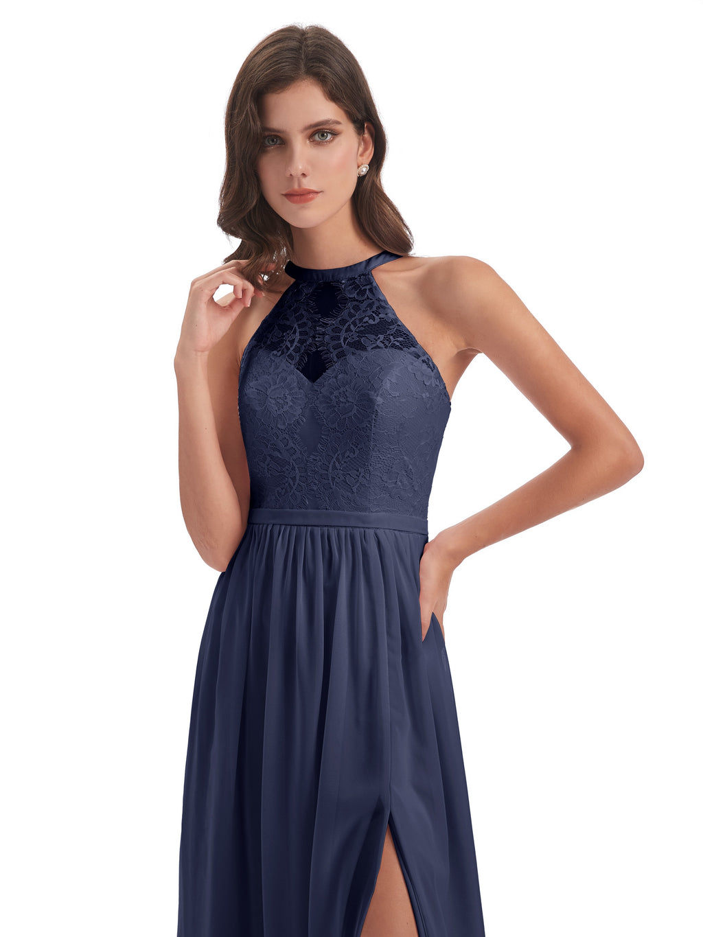 Ailani Halter Split Lace Long Bridesmaid Dresses