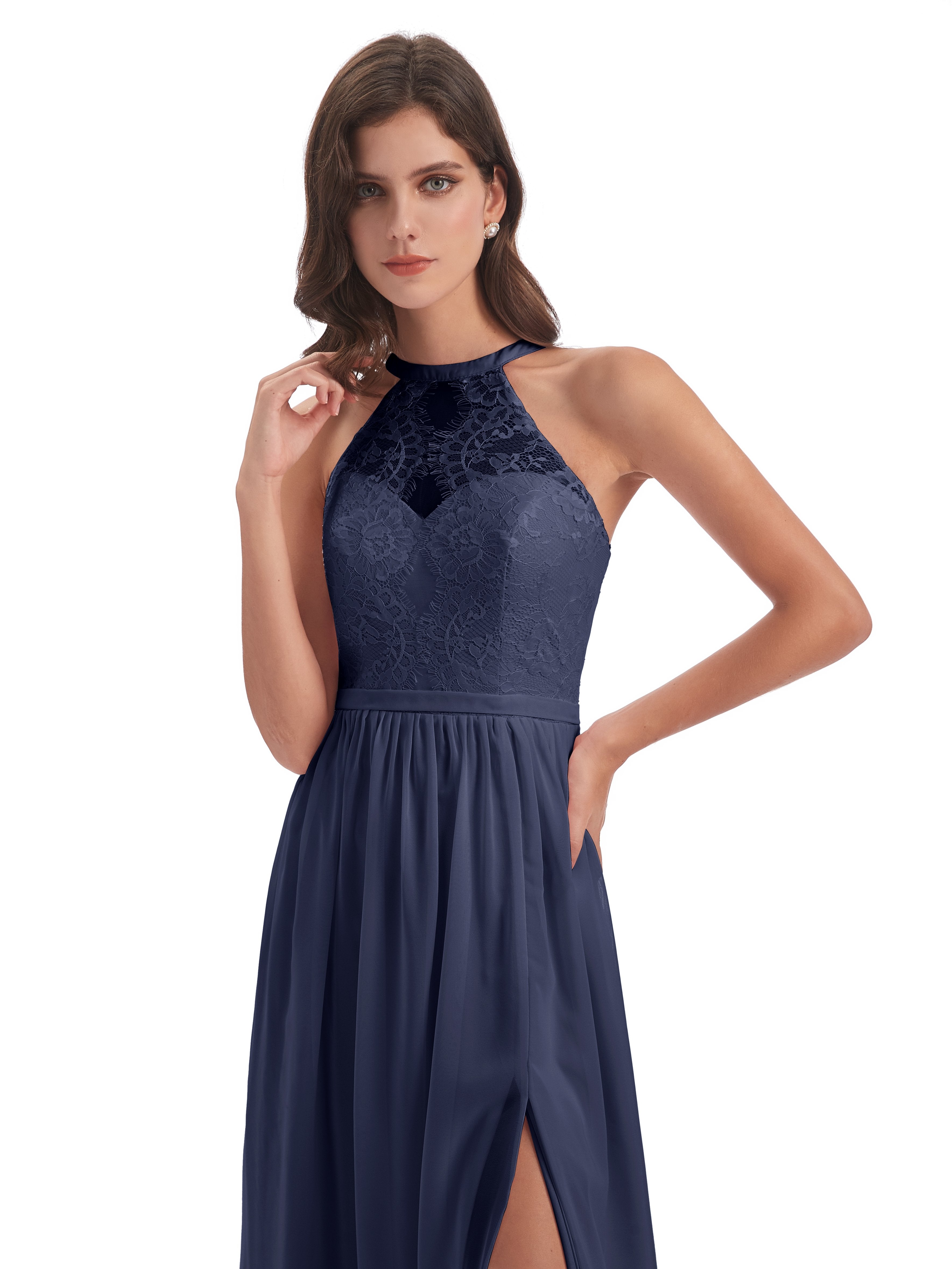 Ailani Halter Split Lace Long Bridesmaid Dresses