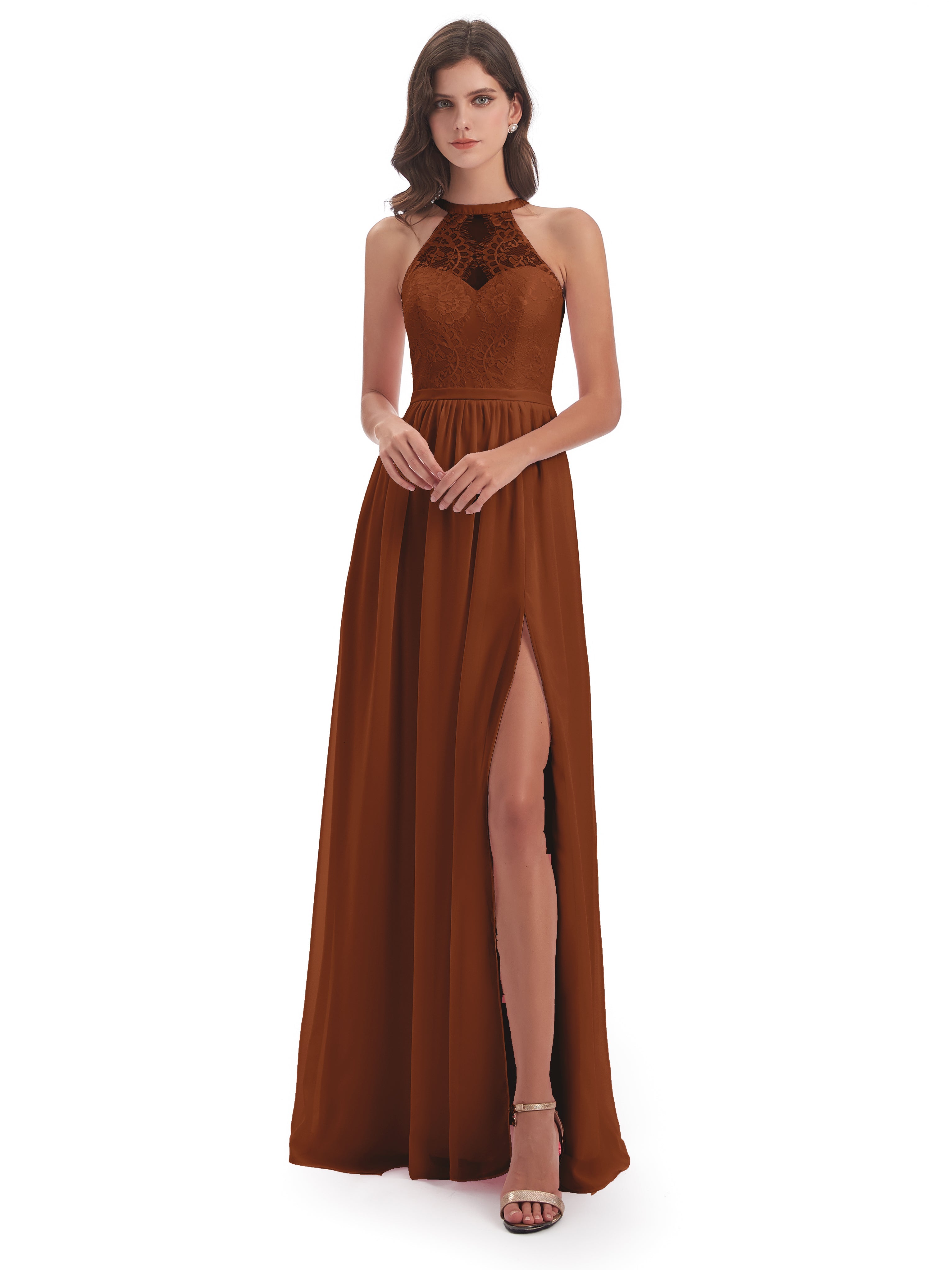 Ailani Halter Split Lace Long Bridesmaid Dresses