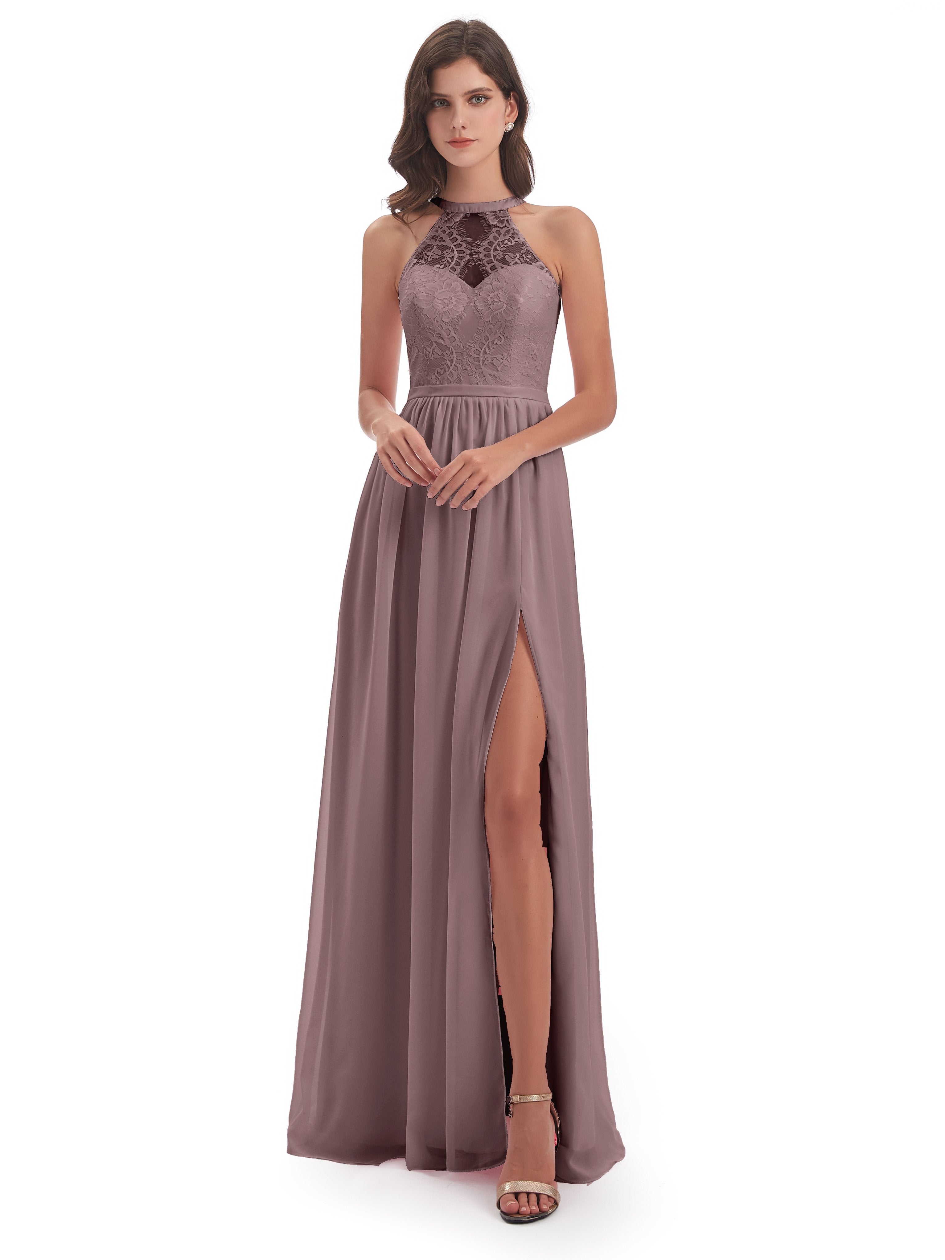 Ailani Halter Split Lace Long Bridesmaid Dresses
