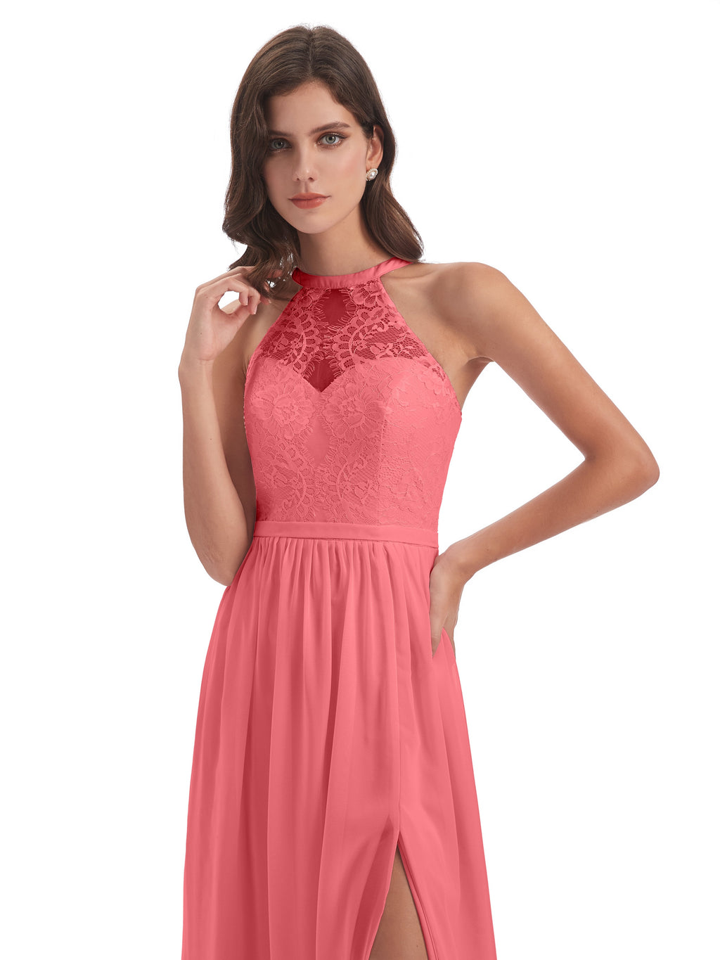 Ailani Halter Split Lace Long Bridesmaid Dresses