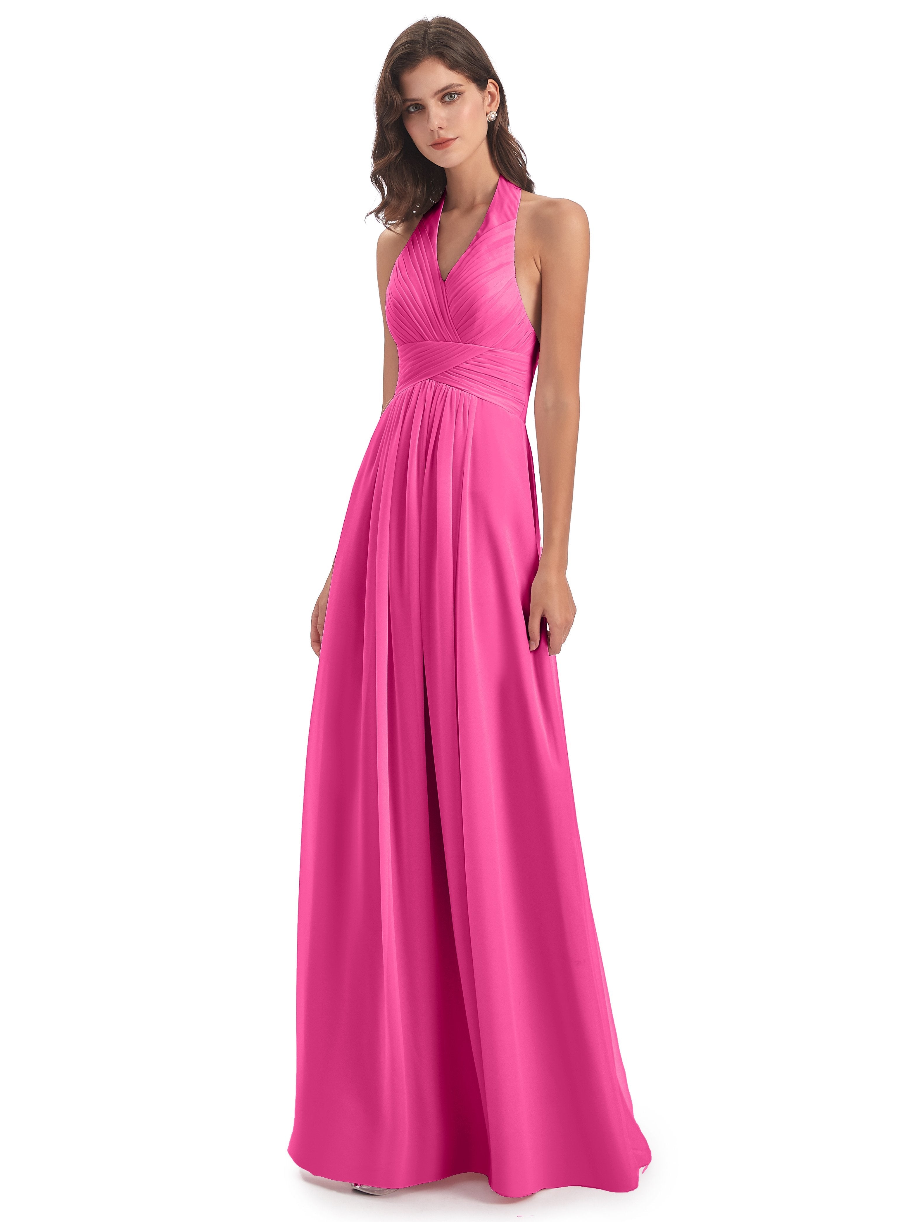 Camila A-line Halter Pleating Long Bridesmaid Dresses