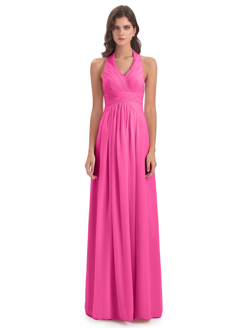 Camila A-line Halter Pleating Long Bridesmaid Dresses