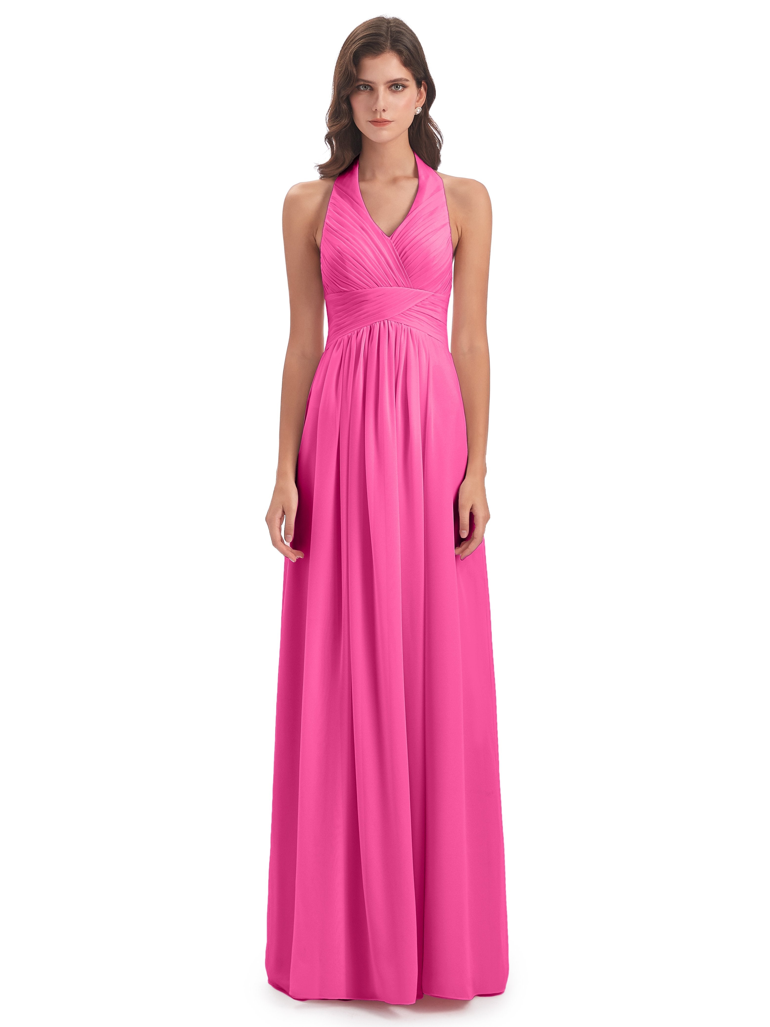 Camila A-line Halter Pleating Long Bridesmaid Dresses