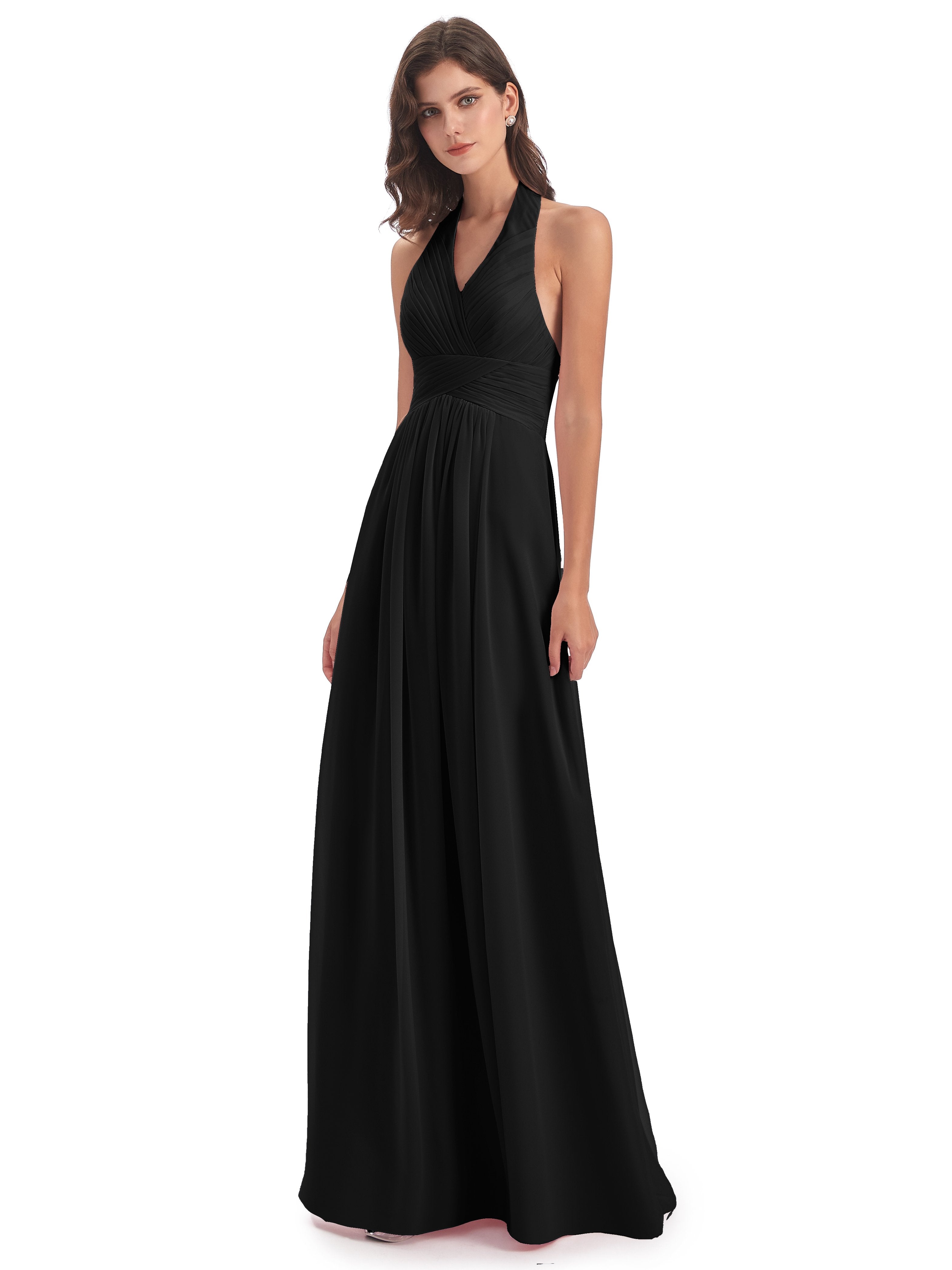 Camila A-line Halter Pleating Long Bridesmaid Dresses