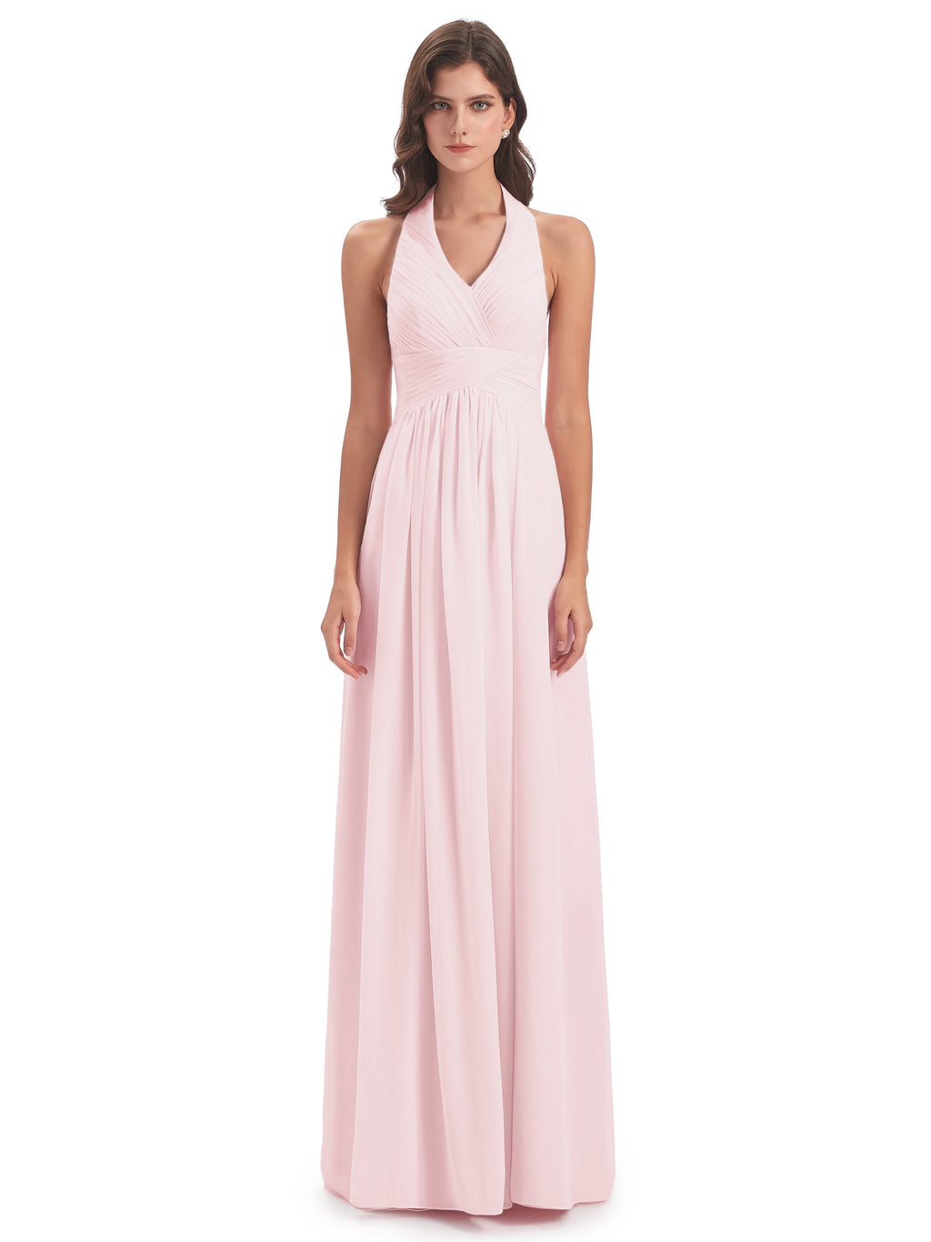 Camila A-line Halter Pleating Long Bridesmaid Dresses