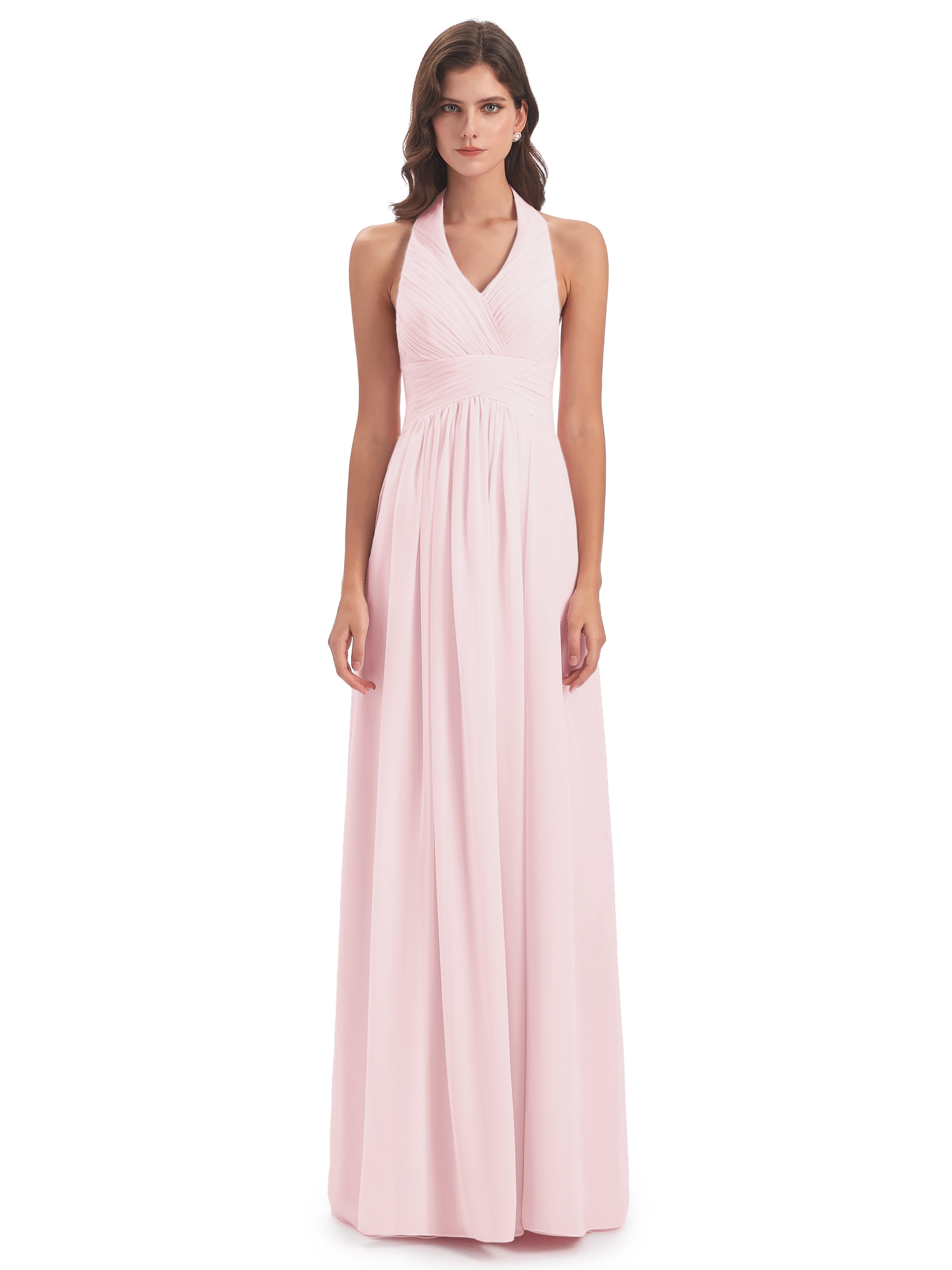 Camila A-line Halter Pleating Long Bridesmaid Dresses