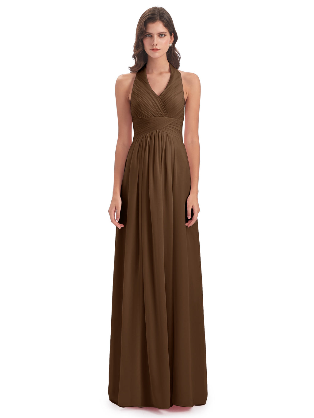 Camila A-line Halter Pleating Long Bridesmaid Dresses