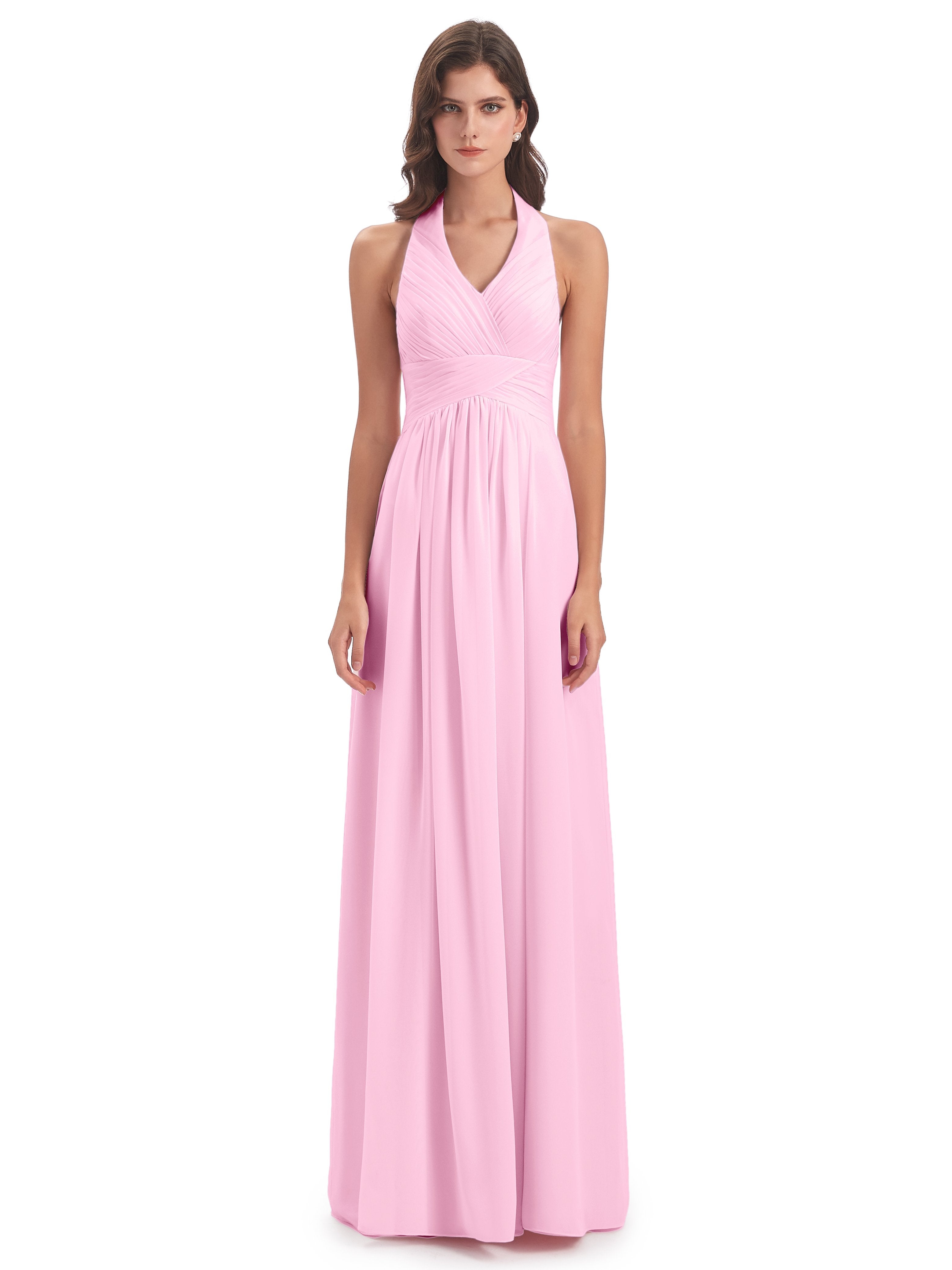 Camila A-line Halter Pleating Long Bridesmaid Dresses