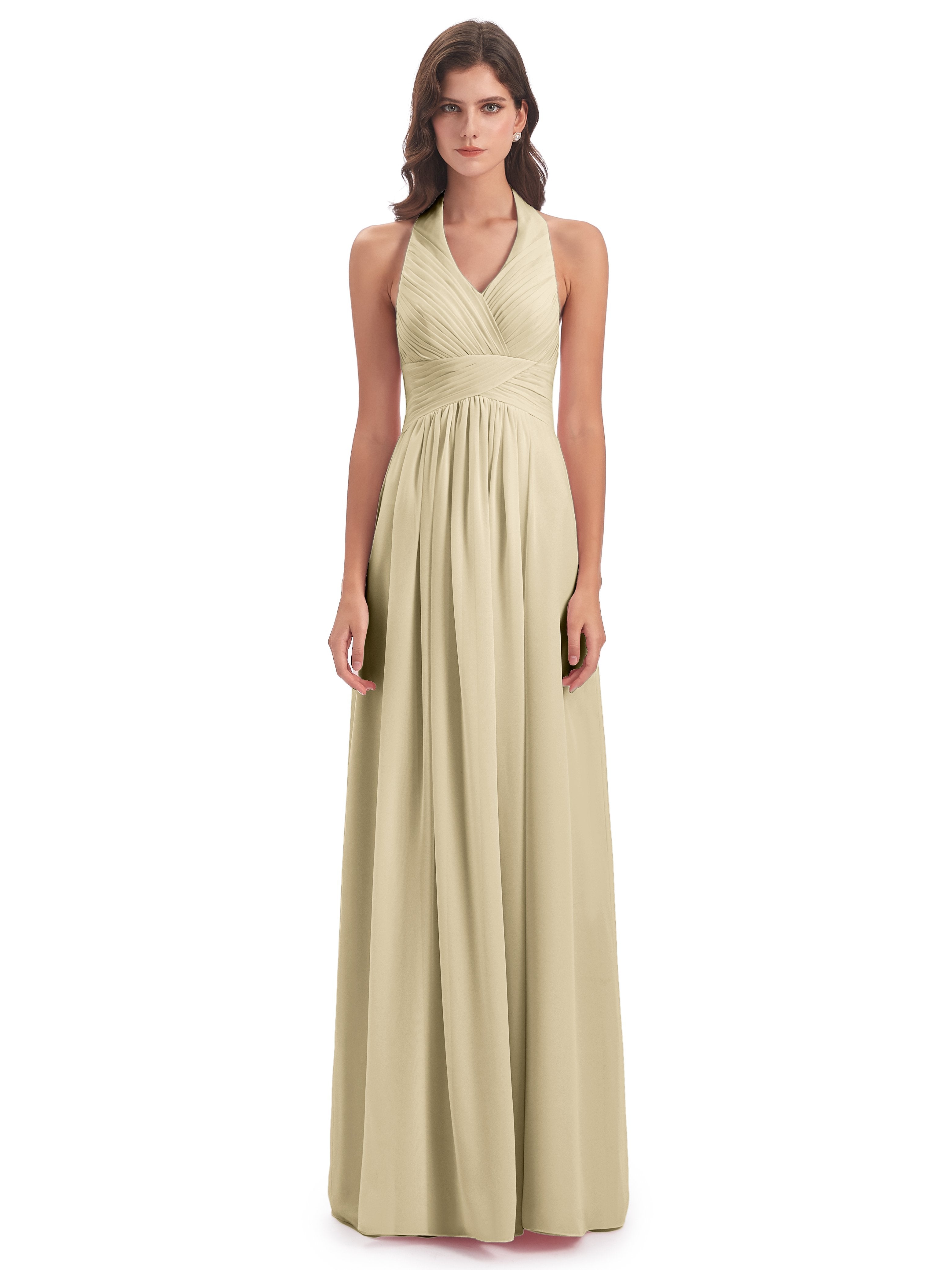 Camila A-line Halter Pleating Long Bridesmaid Dresses