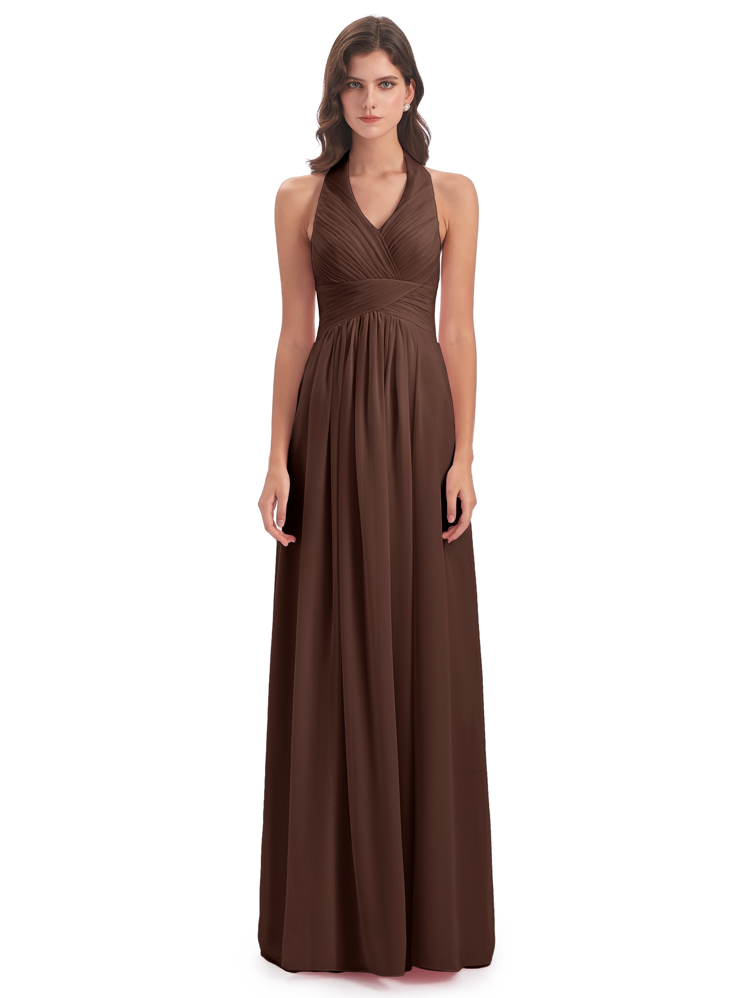 Camila A-line Halter Pleating Long Bridesmaid Dresses