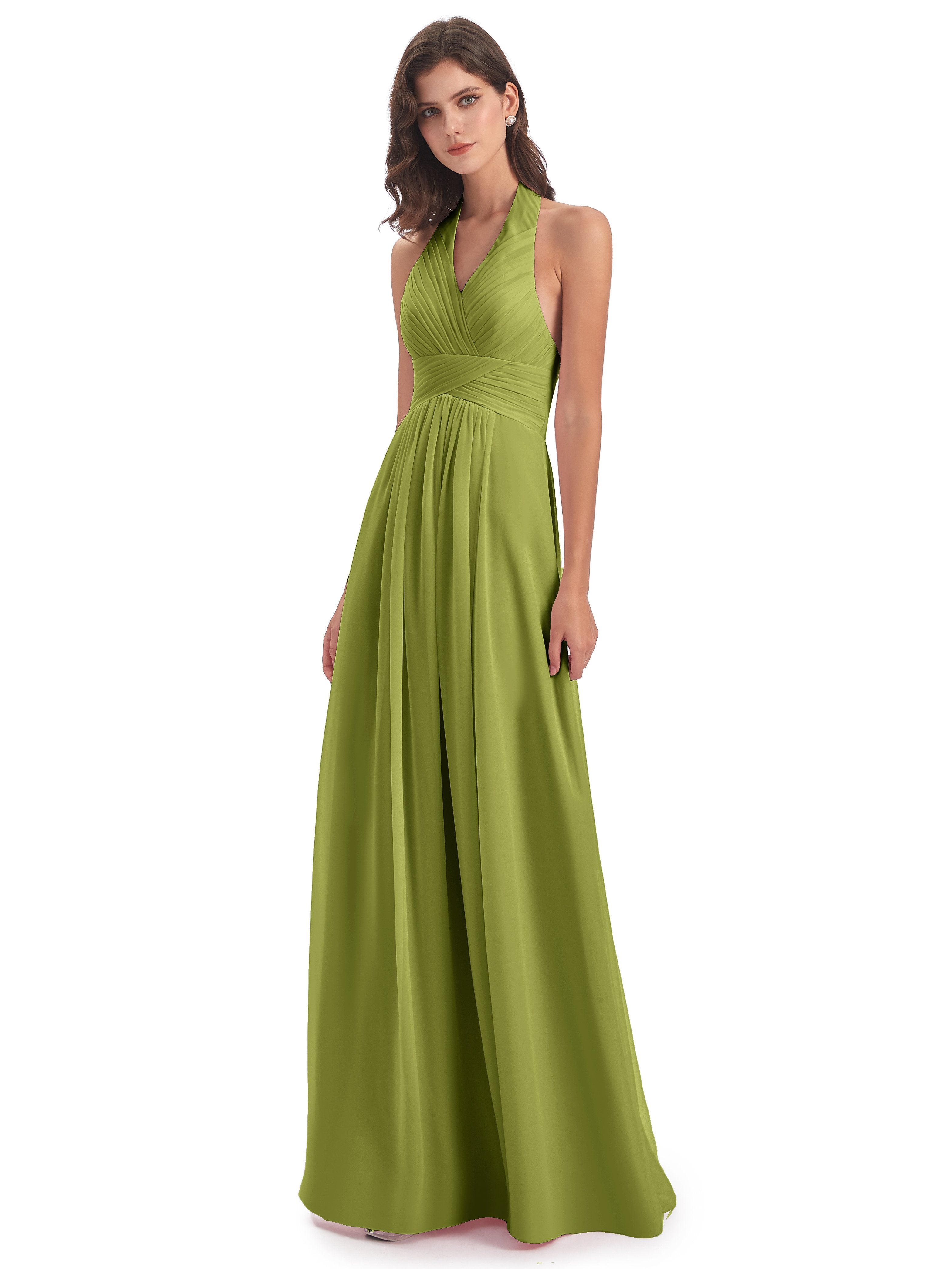 Camila A-line Halter Pleating Long Bridesmaid Dresses
