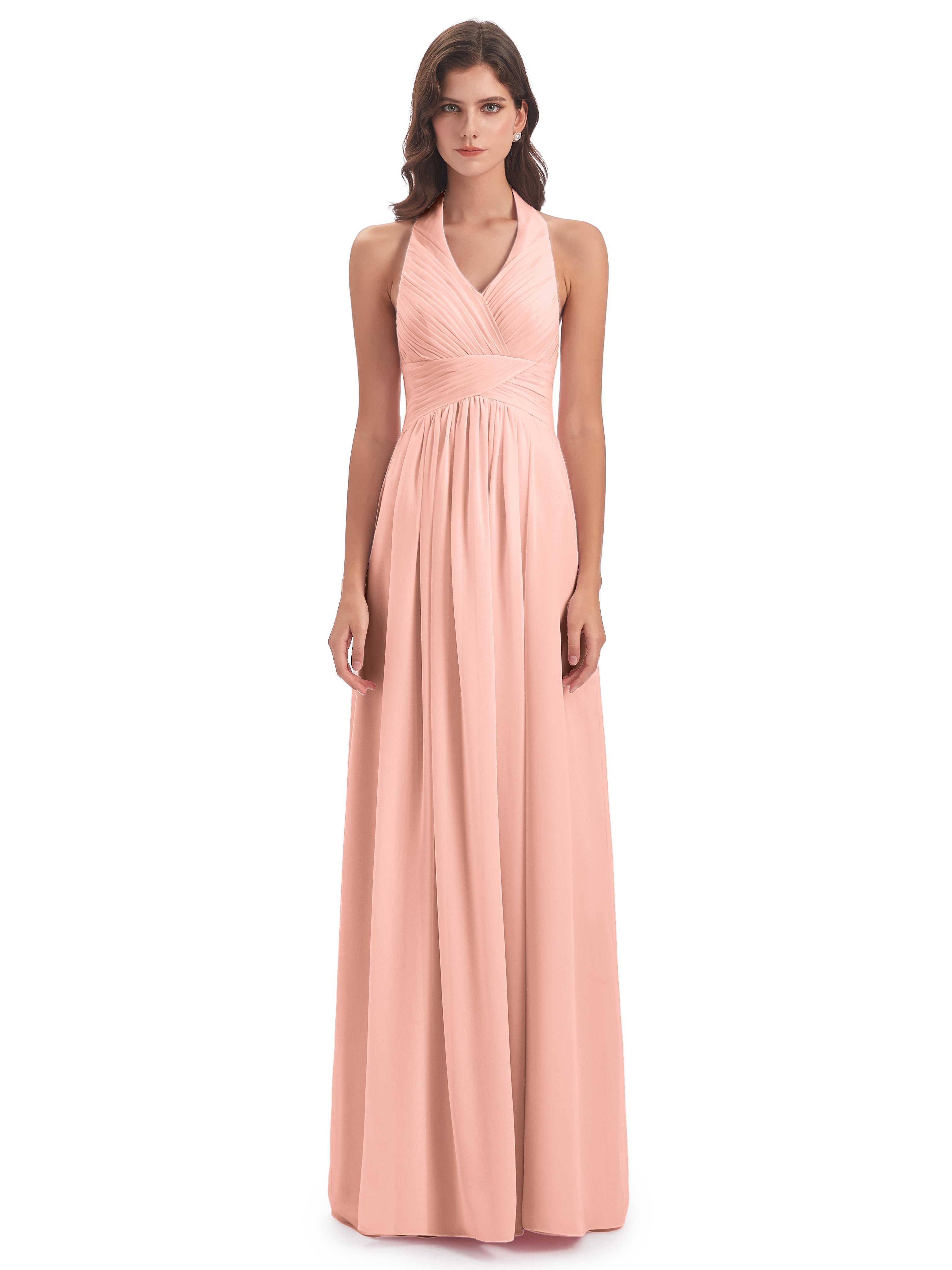 Camila A-line Halter Pleating Long Bridesmaid Dresses