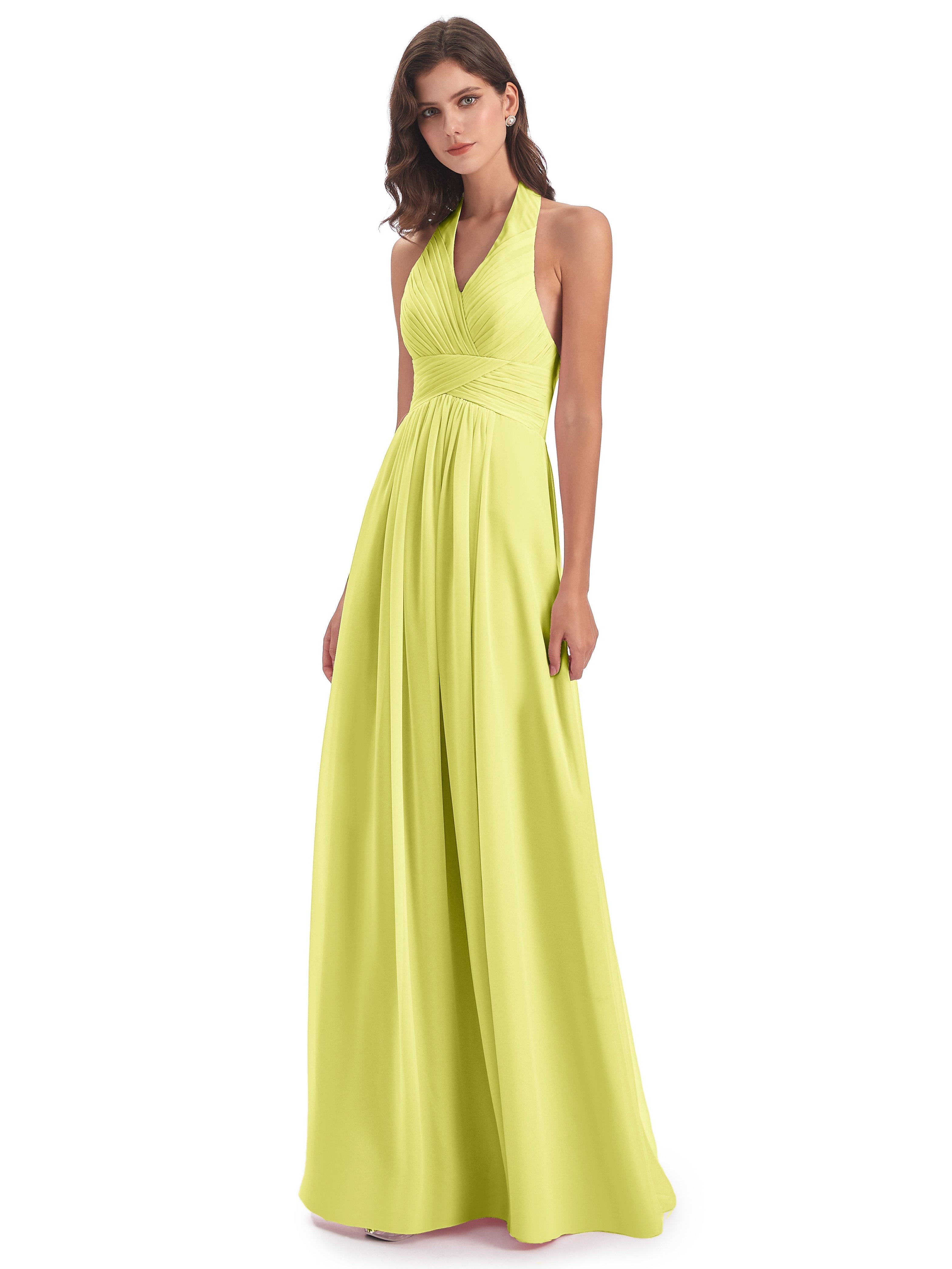 Camila A-line Halter Pleating Long Bridesmaid Dresses