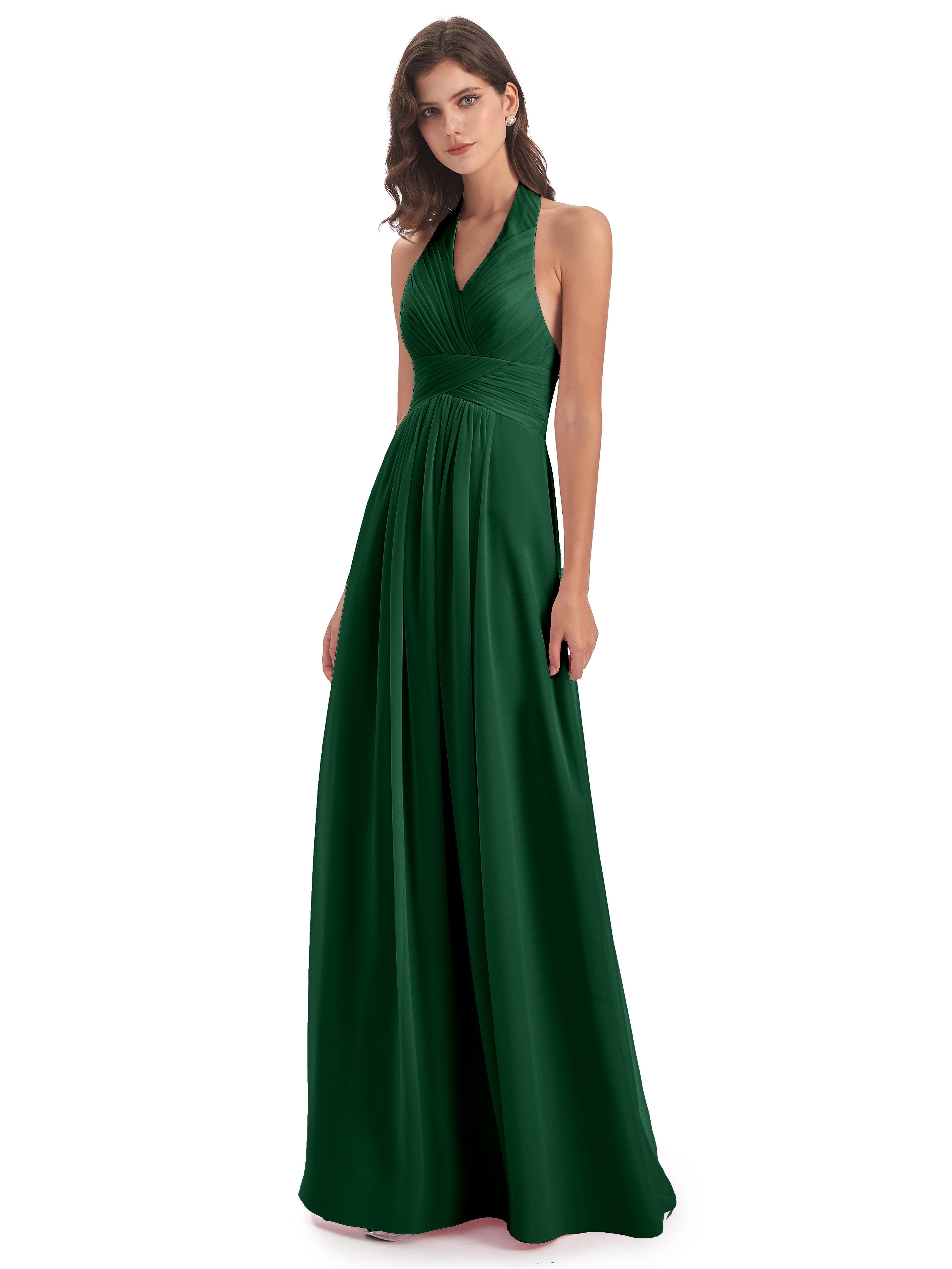 Camila A-line Halter Pleating Long Bridesmaid Dresses