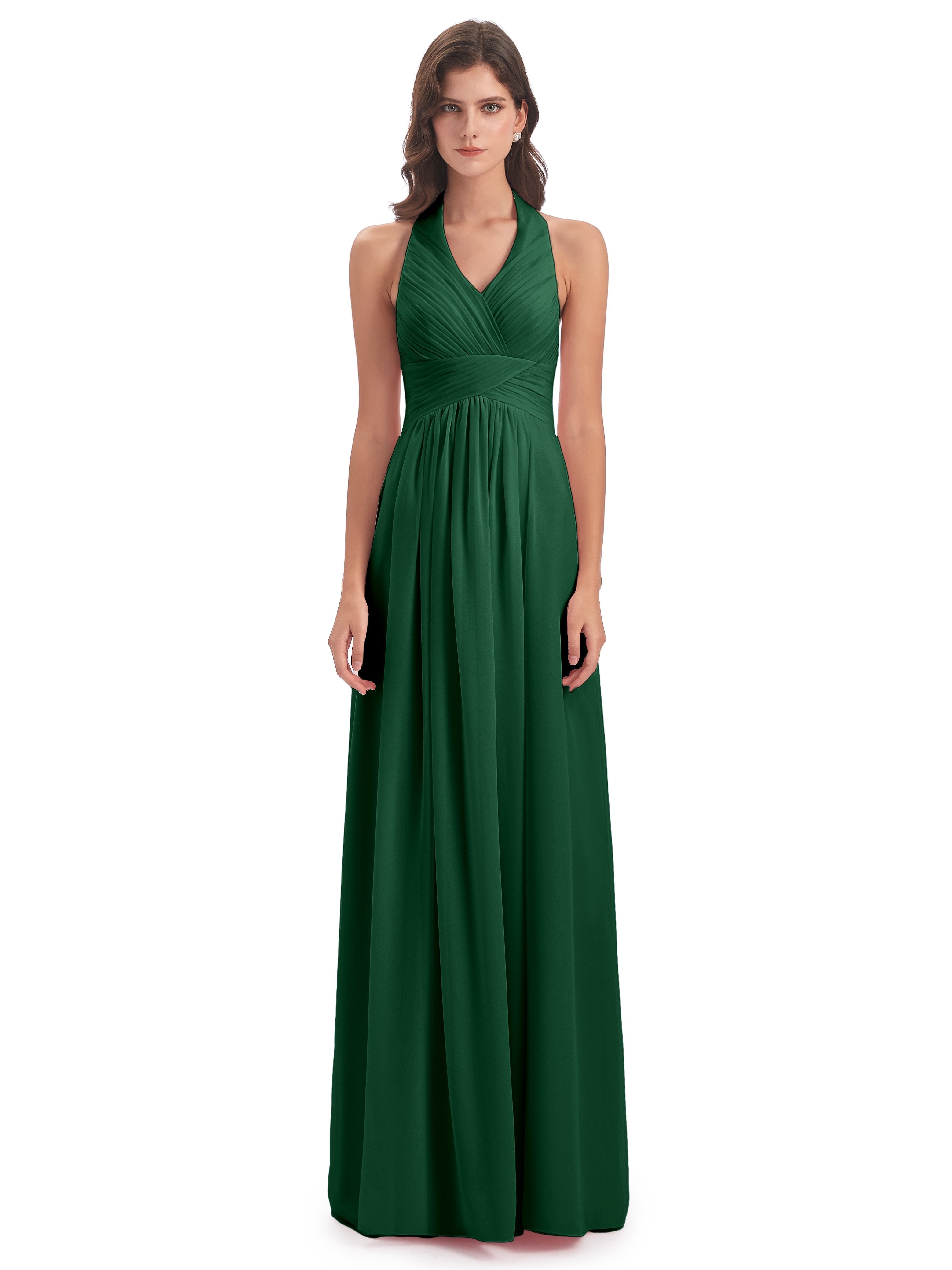 Camila A-line Halter Pleating Long Bridesmaid Dresses