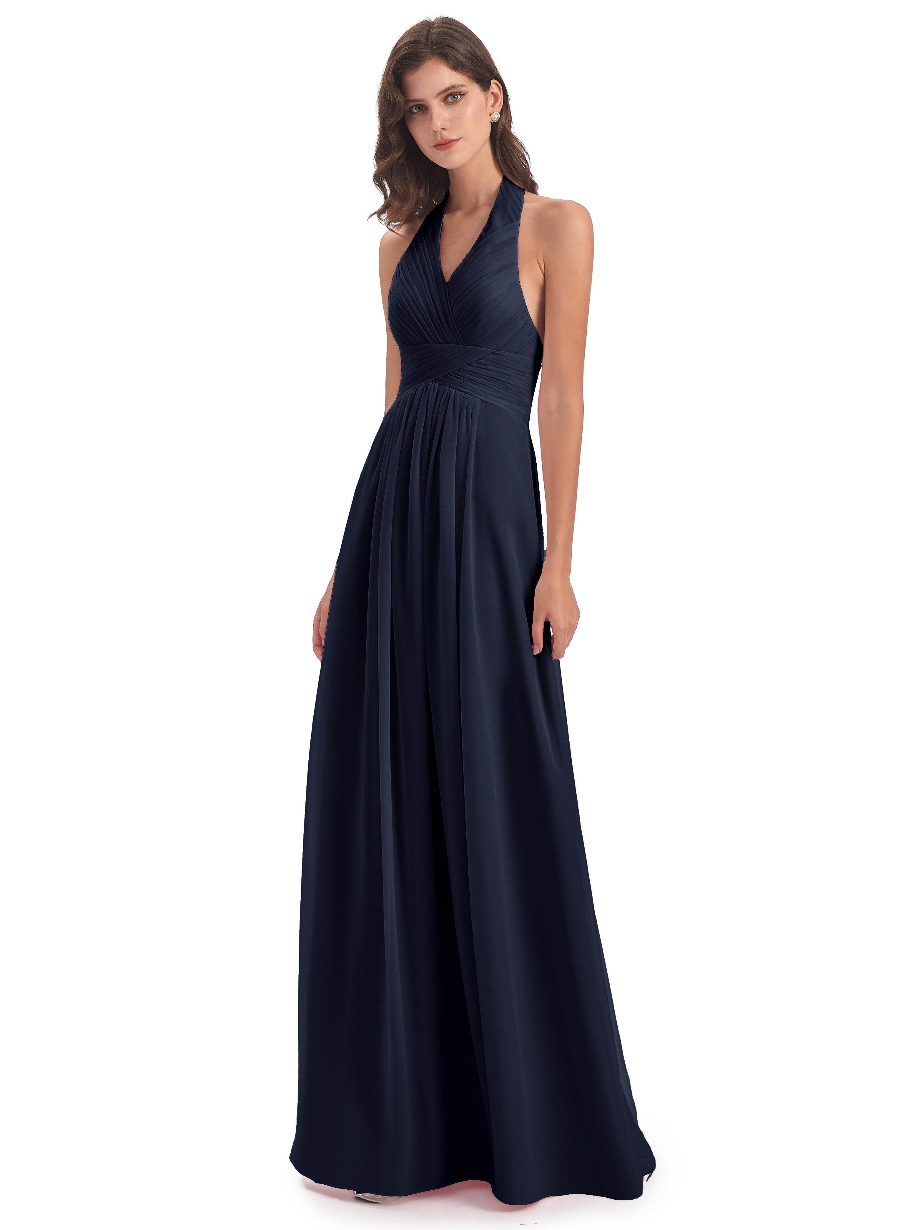 Camila A-line Halter Pleating Long Bridesmaid Dresses