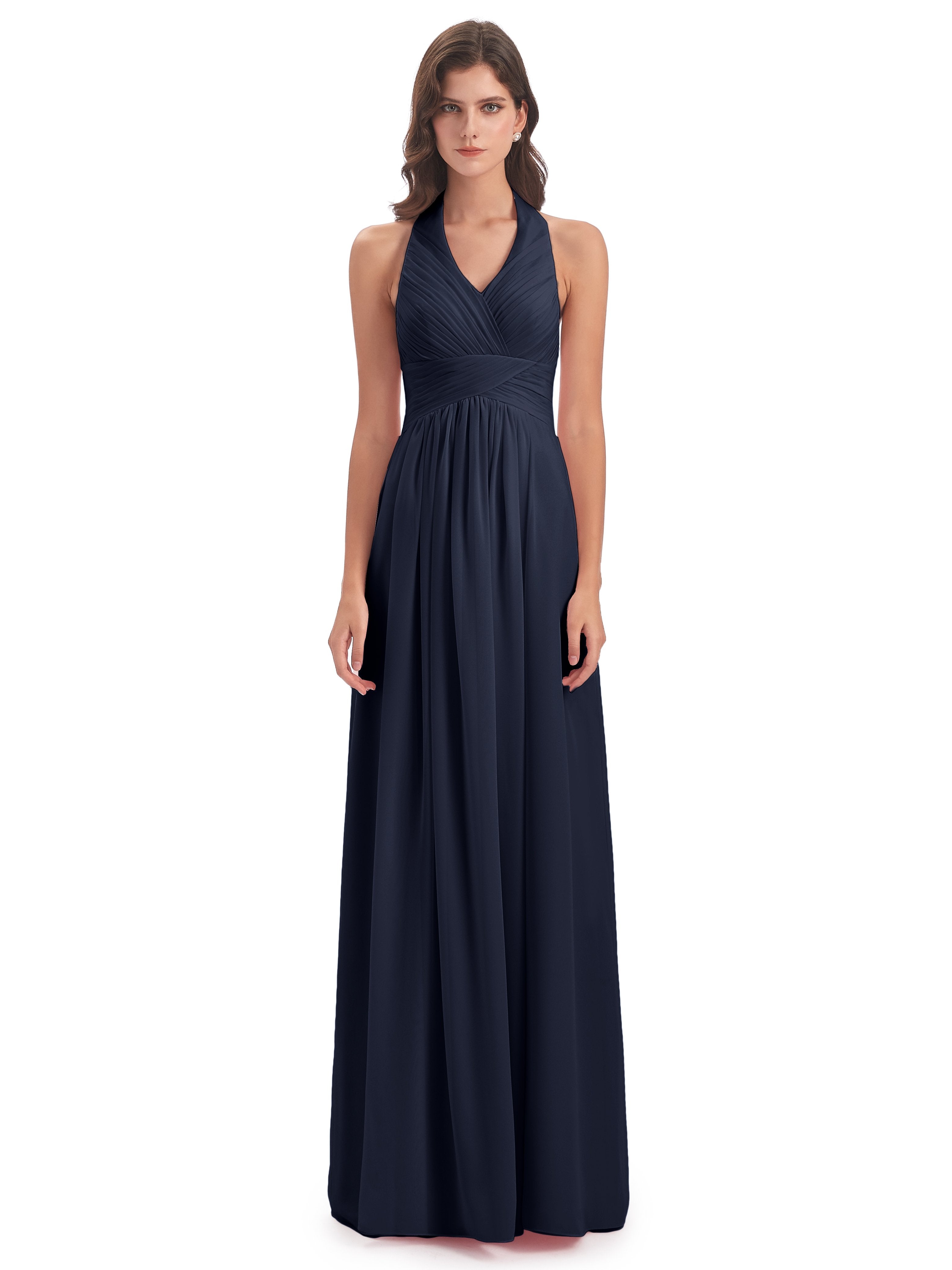 Camila A-line Halter Pleating Long Bridesmaid Dresses
