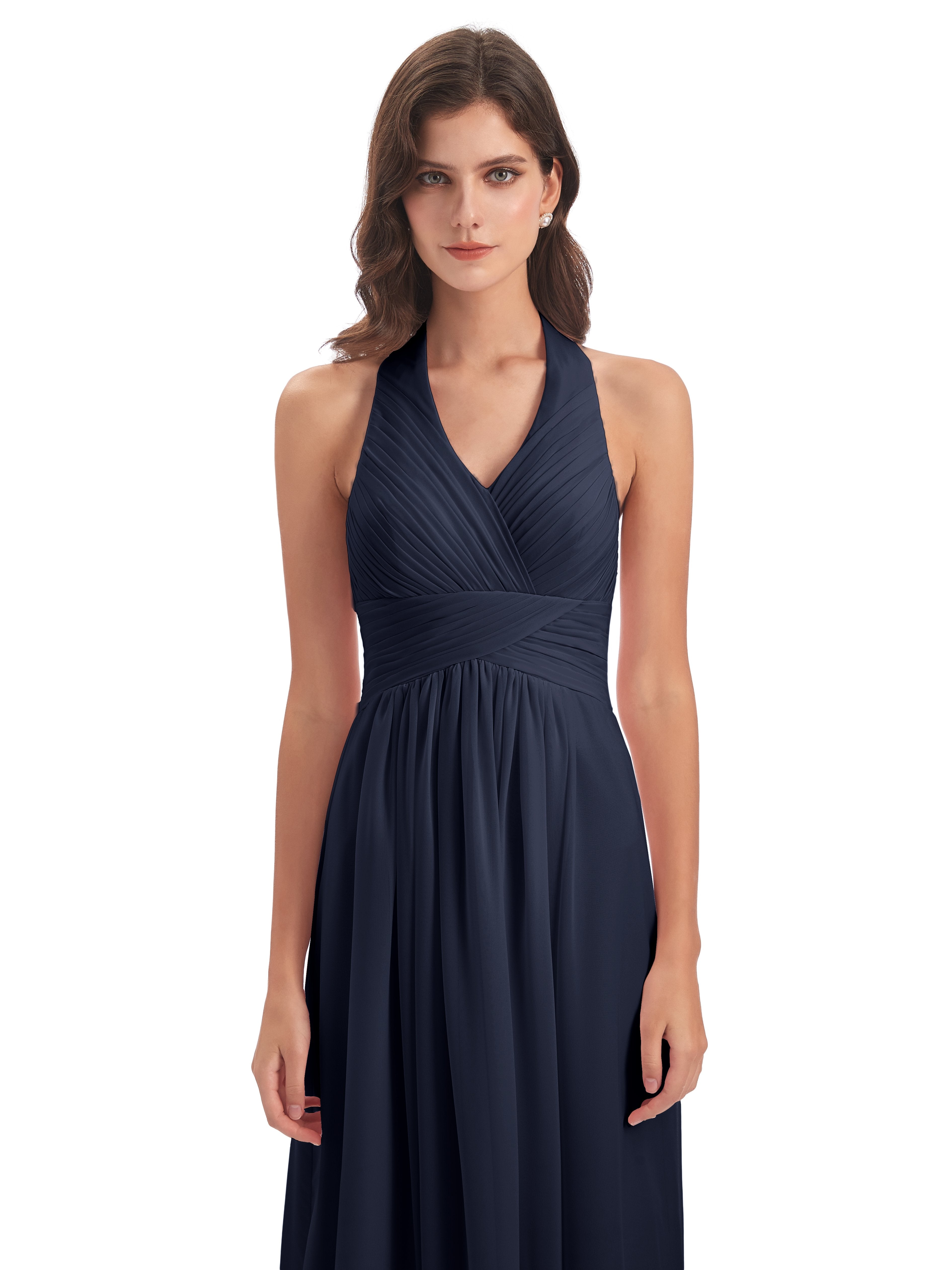 Camila A-line Halter Pleating Long Bridesmaid Dresses