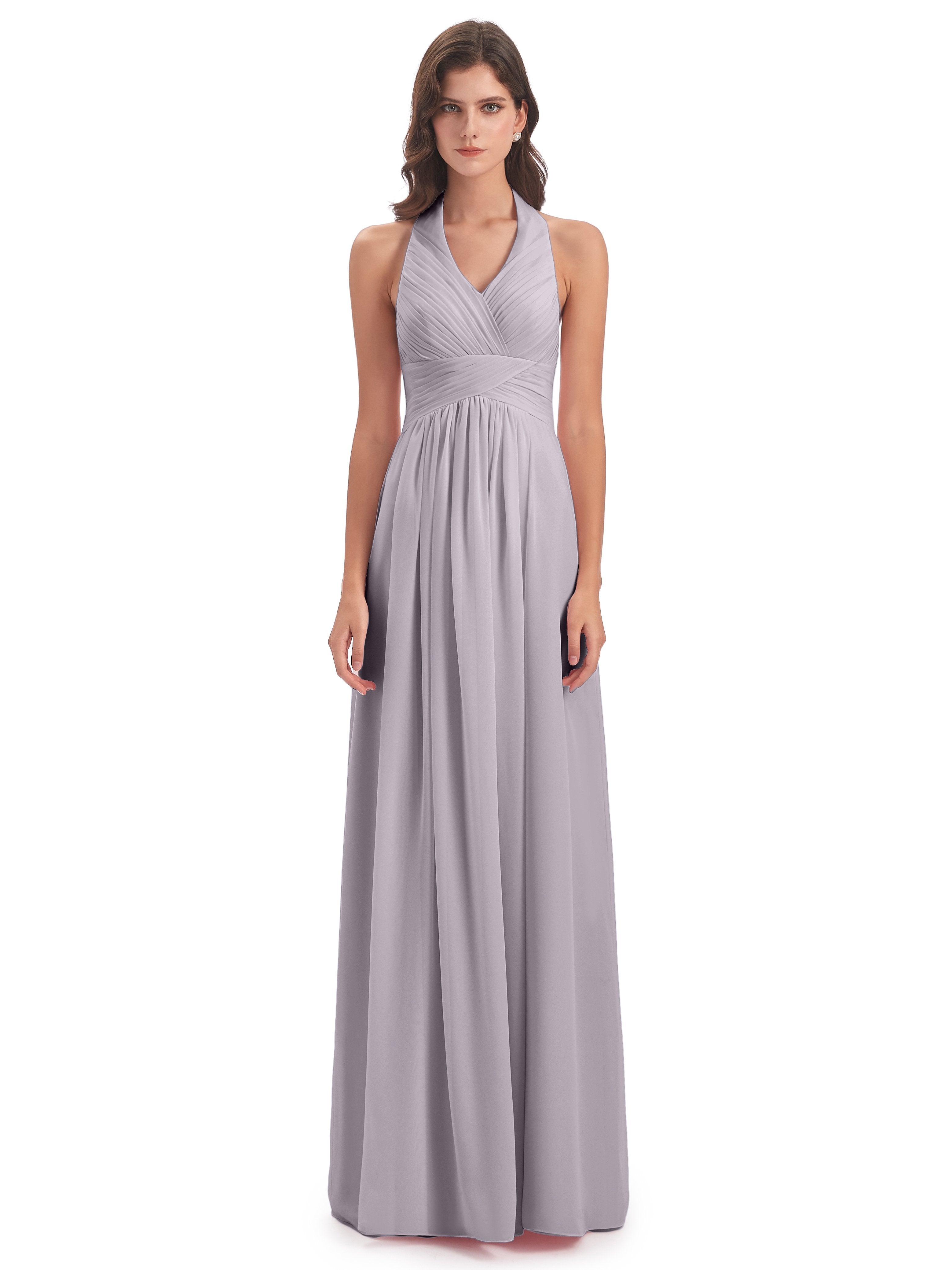 Camila A-line Halter Pleating Long Bridesmaid Dresses