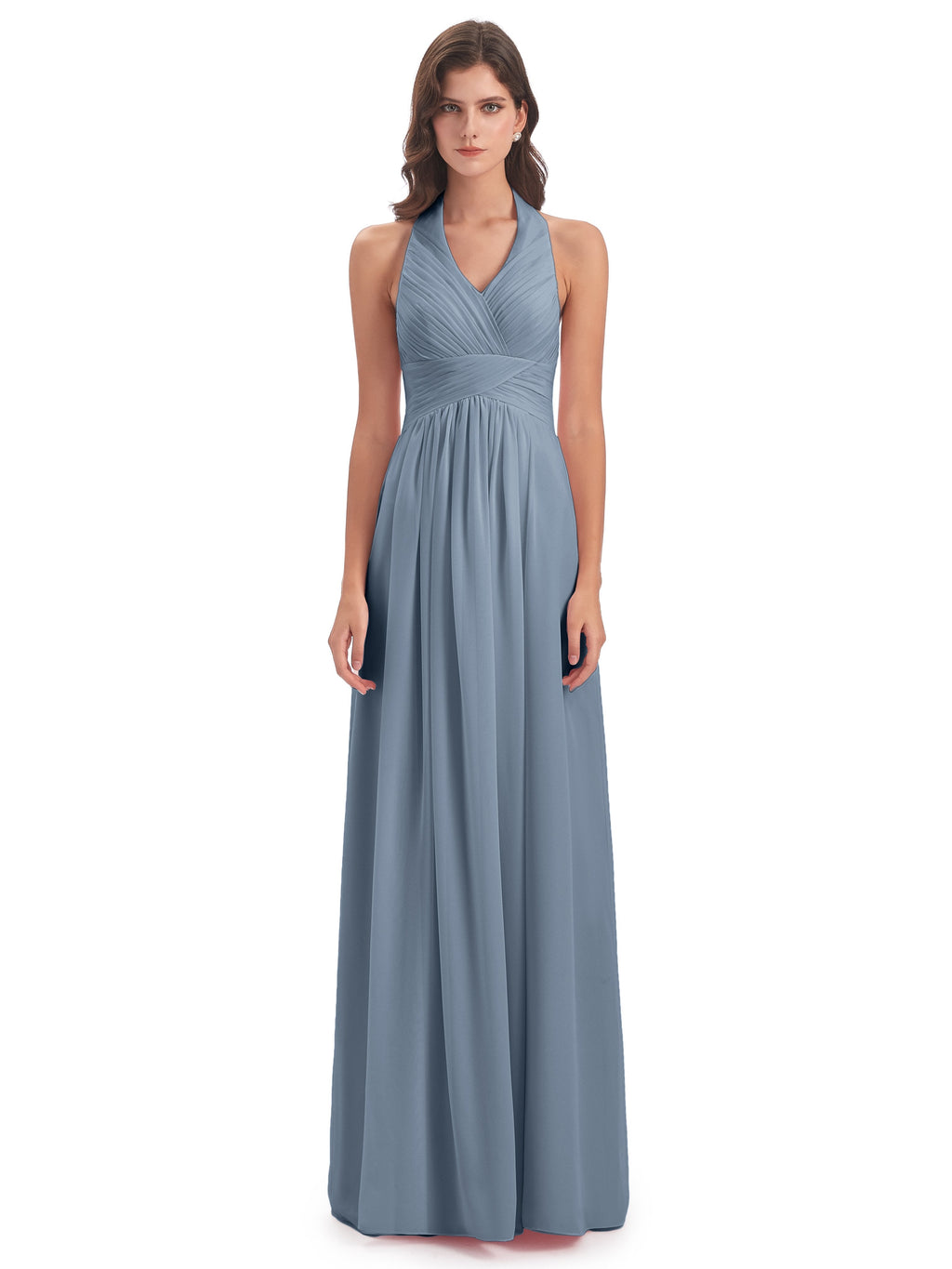 Camila A-line Halter Pleating Long Bridesmaid Dresses